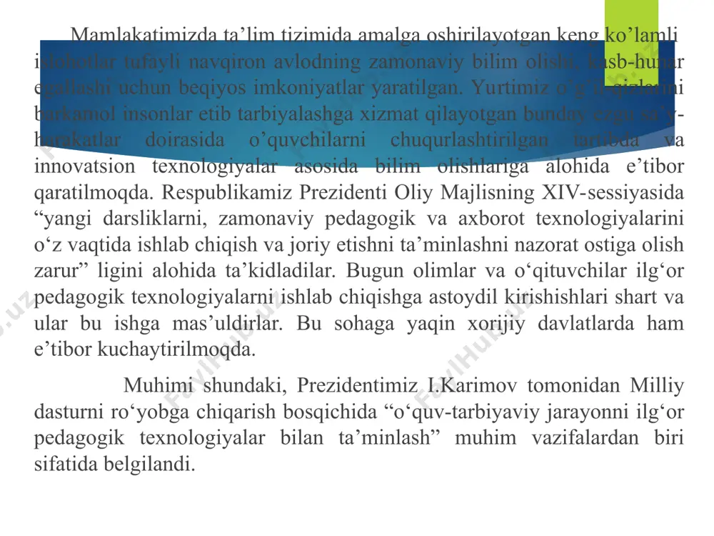 nologiya va boshqalar. “innovatsiya” - bu ta’lim; ma’lum bosqichlari bo‘yicha rivojlanadigan jarayon. innovatsion faoliyatning subekti - o‘qituvchining shaxsiy imkoniyati hisoblanadi. bunda pedagog shaxsining ijtimoiy, madaniy, intellektual va axloqiy imkoniyatlari yuksak ahamiyatga molik bo‘ladi. pedagogning innovatsion faoliyati o‘z ichiga yangilikni tahlil qilish va unga baho berish, kelgusidagi harakatlarning maqsadi va konsepsiyasini shakllantirish, amalga oshirish va tahlil qilish, samaradorlikka baho berishni qamrab oladi. o‘zbekistonda mualliflar tomonidan olib borilgan tadqiqotlar shuni ko‘rsatdiki, erkin, ma’rifatli va demokratik davlat fuqarolari quyidagi ijtimoiy sifatlarga ega bo‘lishi kerak: aqlli - mustaqil fikr yurita oladigan; odobli - millatimiz to‘plagan barcha fazilatlarga ega; mehnatsevar - mehnat kishining ijtimoiy ehtiyojiga aylanganligi; bilimli - diniy, dunyoviy va fazoviy bilimlarni ko‘p va chuqur egallab olib, ularni hayotda qo‘llay olishi; sog‘lom - jismoniy, ruxiy va ijtimoiy salomat; milliy g‘ururga ega - ajdodlarimizning moddiy va ma’naviy merosini egallab, ular bilan faxrlanuvchi va ularni boyitishga xissa qo‘shuvchi; vatanparvar - vatan uchun, halq uchun fidokorona mehnat …