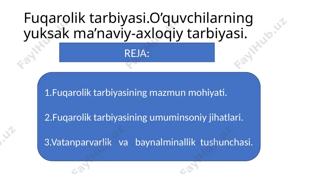 va huquqiy me’yorlarga ongli ravishda rioya etishga o’rgatib boorish; 2.talaba yoshlarga fuqarolik huquq va burchlari to’g’risida ma’lumotlar berib boorish,ularda fuqarolik faoliyatini tashkil etish borasida ko’nikma va malakalar hosil qilish; 3.vatanni himoya qilish borasida haarbiy vatanparvarlik tuyg’ularini shakllantirish; 4.talaba yoshlarni davlat ramzlariga hurmat va muhabbatni qaror toptirish,respublika prezidenti sha’ni, or-nomusini himoya qilishga tayyorgarlik hissini shakllantirish; 5.talaba yoshlarni xalq o’tmishi,milliy qadriyatlarga nisbatan muhabbat tuyg’usini uyg’otish,ularda g’ururlanish,faxrlanish va iftixor hislarini, shuningdek, adolatli, diyonatli, mehr-muruvvatli,ezgulikni himoya qiluvchi,va’daga vafoli shaxslarni shakllantirishga erishish; 6.vatan,xalq va millat ishiga sodiqlik,o’z manfaatlarini yurt manfaatlari bilan uyg’unlashtira olishga erishish,fidoyi fuqaroni tarbiyalab voyaga yetkazish; 7.vatan ravnaqi,yurt tinchligi,xalq farovonligi va yurt mustaqilligini e’zozlovchi,ardoqlovchi, uni himoya qilishga qodir fidoyi fuqaroni tarbiyalash ishiga keng jamoatchilik e’tiborini jalb etish; 8.umumxalq ma’qullagan konstitutsiyani va shu kabi muhim davlat hujjatlarini hurmat qilish hissini shakllantirish; 9.yoshlarda fuqarolik tarbiyasini tashkil etishda shaxsning konstitutsiyada ko’rsatilgan huquqlaridan foydalanish hamda burchlarini bajarilishi xususida ma’lumotlar berish, ularda ijtimoiy faoliyatni tashkil etishda huquqlardan foydalanish …