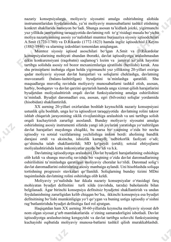 avbatda, butun jamiyat manfaatlari va aholining alohida guruhlari manfaatlarini ajratgan (taqsimlagan) holda jamiyat taraqqiyotining aniq dasturiga, yechilishi lozim bo‘lgan masalalarning muddatlari va metodlarini aniqlagan holda istiqboldagi va yaqin yillardagi vazifalarning tavsifiga ega bo‘lmoq lozim. faqat ana shunday sharoitdagina moliyaviy siyosatni amalga oshirishning konkret mexanizmini ishlab chiqish va unga ob’ektiv (xolisona) baho berish mumkin. agar moliyaviy siyosat ijtimoiy taraqqiyotning ehtiyojlarini, jamiyat butun qatlamlarining va alohida guruhlarining manfaatlarini, konkret tarixiy sharoitni va hayotning o‘ziga xos xususiyatlarini qanchalik ko‘p (yuqori darajada) hisobga oladigan bo‘lsa, uning natijaliligi shuncha yuqori bo‘ladi. bir vaqtning o‘zida, moliyaviy siyosatning muvaffaqiyatliligi (muvaffaqiyati) muvofiqlashtirish mexanizmining sifatli ishlab chiqarilishiga va jamiyat turli qatlamlari manfaatlarining amalga oshirilishiga hamda davlatning ixtiyorida bo‘lgan ob’ektiv imkoniyatlarning mavjudligiga, ya’ni jamiyat sotsial tuzilmasidagi hamda ijtimoiy ong va psixologiya holatidagi o‘zgarishlarni hisobga olgan holda moliyaviy siyosatning amalga oshirilishiga, ayrim hollarda, bir-biriga qarama-qarshi ta’sir ko‘rsatuvchi omillarning ta’siridan har tomonlama foydalanish mexanizmining ishlab chiqilishiga bevosita bog‘liq. moliyaviy siyosat, eng avvalo, …