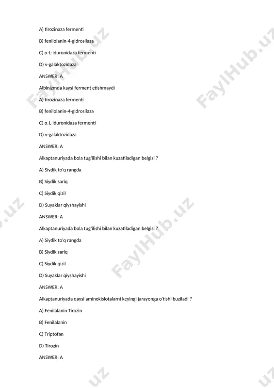 sharkomari amiotrofiyasi d) paroksizmal paraplegiya answer: a bemorda tana uzunligi me’erida bulsada buyi past (120 sm) bulishi kaysi kasallikka xos a) xondrodistrofiya b) marfan kasalligi c) adrenogenital sindrom d) dyushen miapatiyasi answer: a bemorda tana uzunligi me’erida bulsada buyi past (120 sm) bulishi kaysi kasallikka xos a) xondrodistrofiya b) marfan kasalligi c) adrenogenital sindrom d) dyushen miapatiyasi answer: a bemorlarning ovozga juda kuchli tasirlanishi ganglioidozning qaysi tipi uchun xos ? a) 2 b) 4 c) 3 d) 1 answer: a bir necha juft belgilari bilaan fark kiluvchi organizmlar chatishtirilishi nima dep ataladi? a) poligibrid b) monoduragay c) digibrid d) diduragaylash answer: a bir necha juft belgilari bilaan fark kiluvchi organizmlar chatishtirilishi nima dep ataladi? a) poligibrid b) monoduragay c) digibrid d) diduragaylash answer: a bir-birini inkor etuvchi belgilarni yuzaga chikaruvchi genlar kanday nomlanadi? a) allel genlar b) retsessiv genlar c) dominant genlar d) geterozigota answer: a bir-birini inkor etuvchi belgilarni …