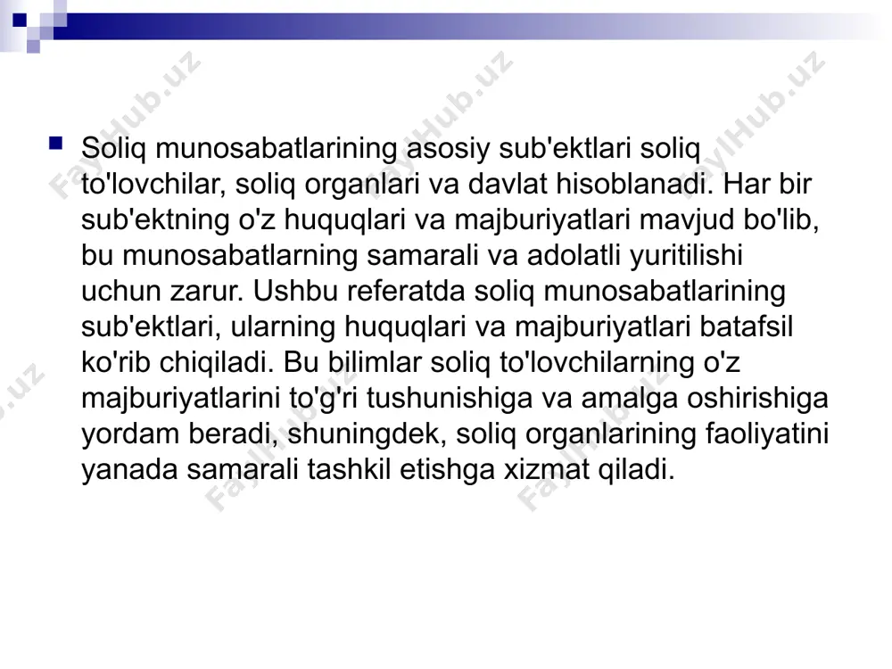 us vositalari ishontirish, oldini olish, qonunni buzuvchilarga bevosita jamoat ta'siri ko'rsatish, qonuniylikning yuridik kafolatlarini takomillashtirishchdan iboratdir. qonuniylikni buzishlarga qarshi kurashda huquq, talablarini bajarishga davlat tomonidan majbur qilishdan ham zarur darajada foydalaniladi. soliq to'g'risidagi qonunlar buzilishi munosabati bilan intizomiy, moddiy va fuqaroviy-huquqiy javobgarlik masalasi hal qilish chog'ida tegishlicha o'zbekiston respublikasining mehnat kodeksi, o'zbekiston respublikasining fuqarolik kodeksi, ba'zi boshqa qonun hujjatlari joriy qilgan umumiy huquqiy tartibot amal qilishini nazarda tutish kerak. xulosa soliq munosabatlari iqtisodiy tizimning muhim komponentidir. ularning sub'ektlari o'rtasidagi munosabatlar to'g'ri va samarali bo'lishi, iqtisodiy rivojlanish va davlatning ijtimoiy masalalarni hal qilishida muhim rol o'ynaydi. soliq to'lovchilarning huquq va majburiyatlarini bilish, o'z faoliyatini to'g'ri tashkil qilish uchun zarurdir. adabiyotlar "soliq tizimi" – qodirov, a. "soliq huquqi" – ismoilov, m. "iqtisodiy nazariyalar va soliq siyosati" – mamatov, r. "soliq to'lash va soliq nazorati" – karimov, d. o'zbekiston respublikasi soliq kodeksi – o'zbekiston respublikasi qonunchilik hujjatlari. image1.png image2.jpeg image3.jpeg image4.jpeg image5.jpeg image6.jpeg …