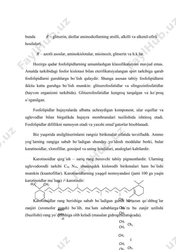 g yashil barglarida a- xlorofill mikdori b- xlorofillarga nisbatan 3 baravar ortiq ekanligi aniqlangan. a – xlorofillning umumiy formulasi c55h72o5n4mg, b – xlorofill formulasi esa - c55h70o6n4mg. xlorofillar yog`larda va erituvchilarda yaxshi eriydi. gossipol va uning analoglari paxta chigiti yadrosida sariq rangdan to to`q qo`ng`ir ranggacha tusga ega bo`lgan gossipol deb ataladigan yo`ldosh modda va uning analoglari uchraydi. uning umumiy formulasi c30h30o8. bu tarkibida ikki karbonil guruhi bo`lgan polifenol molekulasidir. bu modda uch turdagi tautomer formalarda uchraydi: gossipol kristallari qaysi polimorf modifikatsiyada ekanligiga qarab 184, 199 va 214 0c da suyuqlanadi. gossipol metanol, etanol, dietil efiri, atseton, xloroform, piridinda eriydi. glitserinda, benzolda, petrol efirida (60-110 0c da) yomon eriydi. 30-60 0c dagi petrol efirida, suvda umuman erimaydi. ul’trafiolet nurlari spektrida gossipolning uchta yutish maksimumlari bor: 237, 290 va 366 nm.dagi to`lqin uzunliklarida. gossipol uzini kuchli dikarbon kislotasi sifatida namoyon qiladi va ishqoriy metallarning gidroksidlari bilan gossipolyatlar deb ataluvchi fenolyatlar hosil …