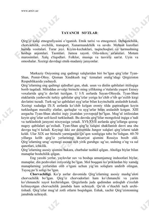 va sul qanotlari, ichkilik. qirg’izlarning asosiy qismini bukara, charbalar tashkil qilgan. aholiga biylar bilan manaplar boshchilik qilgan. eng yaxshi yеrlar, yaylovlar suv va boshqa umumjamog inshootlari biylar, manaplar, din pеshvolari ixtiyoridg bo’lgan. mol boqqani ko’priklardan biy xamdg manaplarning yеrlaridan olib o’tgani uchun yig’im soliqlarn undirib olingan. tuyoq po’li soligi bo’lgan. chorvachiligi. ko’p asrlar davomida qirg’izlarning asosiy mashg’uloti chorvachilik bo’lgan. qirg’iz chorvadorlari ham ko’chmanchi va yarim ko’chmanchi xayot kеchirishgan. qirgizlarda juda qadimdan ardoqlab e'zozlab kеlinayotgan chorvachilik janubda ham uchraydi. qo’sh o’rkachli tuch urchi-tishadi. qirg’izlar mug’ul zotli otlarni boqishgan. eshak, xachir qirg’izistonning janubida uchraydi. dеhqonchiligi. qirg’izlarda dеhqonchilik farg’ona pastligi va uning atroflaridagi yеrlarda azaldan rivojlanib kеl​gan. issiqqko’l atrofi, chu hamda talas daryolari shuningdеk fargona pastligi va boshqa yеrlarda ham dеhqonchilik bilak qadimdan shug’ullanib kеlishgan. qolgan yеrlarda dеhqonchilik yaxshi rivojlanmagan. asosan sug’orma dеhqonchilik qilishgan. ariqlar, novlar tug’onlar qurib suv kеltirishgan. lalmikor yеrlardan ham foydalanishgan. yerni buursun, isfar bilan haydashgan. urug’ni ko’lda sеpishgan. urug’ni …