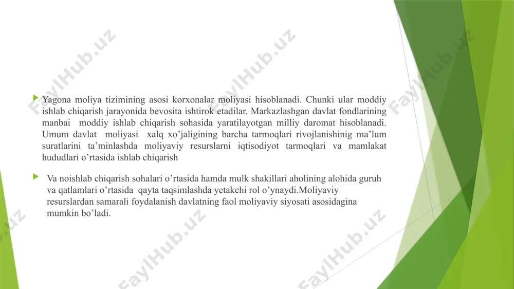 uksalishiga faol ta’sirining imkoniyatlari chuqur ilmiy asoslanishi kerak. davlatning moliyaviy siyosati makroiqtisodiy siyosatning bosh elementlaridan biri hisoblanadi. hozirgi sharoitda o’zbekiston respublikasida amalga oshirilayotgan moliyaviy davridagi moliyaviy siyosat islohatlarining o’tish davridagi moliyaviy iqtisodiy inqirozlar oqibatlarini tugatish va mamlakatdagi barqaror iqtisodiy o’sishni ta’minlashga yo’naltirilgandir. chunonchi, iqtisodiyotning barcha sohalarida liberal rejimni shakllantirish va uning rivojlanishini ko’zda tutuvchi iqtisodiyotni erkinlashtirish masalari moliyaviy siyosatning markazida turmoqda. moliyaviy siyosat quyidagi yo’nalishlarni o’z ichiga oladi: soliq siyosati; budjet siyosati; pul krediti siyosati ; instutitsional siyosati; ijtimoiy siyosat moliyaviy siyosatni realizatsiya qilish uchun quyidagilar zarur hisoblanadi. ijtimoiy tanglik kamaytirilishi lozim bank tizimini me’yordagi ishlash imkoniyatlarini shakllantirish lozim. tovar va pul oqimlarini tenglashtirish lozim. quyidagi jadvalda 2020–2025 yillarda o‘zbekiston respublikasining moliya tizimi va moliyaviy siyosatiga oid asosiy ko‘rsatkichlar va islohotlar umumlashtirilgan. 2020 bank tizimini isloh qilish strategiyasi qabul qilindi (2020–2025) . - davlat moliyasini boshqarish strategiyasi tasdiqlandi (2020–2024) . - moliyaviy xizmatlarning ommabopligini oshirish choralari belgilandi. 2021 bank sektorida …