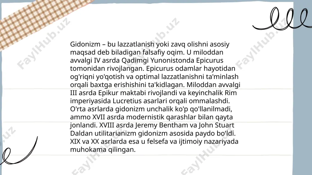 kechirish orqali tadqiq qiladi. baxt subyektiv holat bo‘lib, o‘rganilgan turli model va raqamlarda odamlarning hayotdan qoniqishi va subyektiv farovonligi ko‘rsatilgan. shu nuqtai nazardan, evdemonik yondashuvlar shaxsiy va ijtimoiy farovonlikka urg‘u beradi. ... t.me/slaydai_bot "lazzat va baxt: qiyosiy tahlil" mavzusi inson hayotidagi lazzat va baxt tushunchalarini tahlil qiladi. lazzat odatda qisqa muddatli bo'lib, ma'lum bir jismoniy yoki hissiy zavqni taqdim etadi. baxt esa uzoq muddatli qoniqish va hayotdan mamnuniyat hissini anglatadi. tadqiqotlar shuni ko'rsatadiki, o'zini baxtli his qiluvchi odamlar, odatda, lazzat manbalaridan ko'ra, ma'noli hayotga urg'u beradi. aqshda o'tkazilgan tadqiqotlarga ko'ra, baxt darajasini oshirish uchun lazzatli tajribalar va maqsadli faoliyatlarning muvozanatini topish muhimdir. baxtli bo'lishni istaganlar uchun ijtimoiy aloqalar va maqsad belgilash muhim omillar hisoblanadi. ... t.me/slaydai_bot axloqiy qadriyatlar insonning yaxshi va yomonni ajratishdagi mezonlarini belgilaydi. bu qadriyatlar jamiyatda ijtimoiy tartib va adolatni ta’minlashda muhim rol o‘ynaydi. gedonizm esa hayotda zavq va rohat olishni asosiy maqsad sifatida ko‘rgan falsafiy oqimdir. bu …