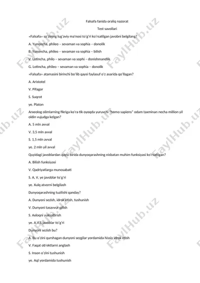 falsafa fanida oraliq nazorat test savollari — DOCX