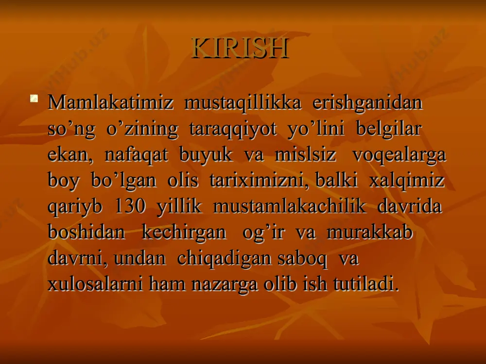 o’lsada vatan sog’inchi bilan yashagan.amir sayyid olimxon qoldirgan ulkan meros,amir qoldirgan boyliklar hozirga qadar xalqimiz ravnaqi uchun xizmat qilib kelmoqda.sayid olimxonni buxoro amirligining so’nggi amiri sifatida yana shuni aytish kerakki,ungacha o’tgan amirlar ichida eng oliyjanob, xalqparvar, xalqning jonkuyari sifatida yuksak darajada ardoqlagan bo’lar edim.buni uning farzandlari misolida ham ko’rish mumkin.amir sayyid olimxonni fahr bilan biz va bizdan keyingi avlodlarga namuna sifatida ko’rsatish ham farz ham qarz deb o’ylayman. foydalanilgan adabiyotlar 1. i. a. karimov. «buyuk maqsad yo’lidan og`ishmaylik». toshkent, 1993, 2. karimov i.a. tarixiy xotirasiz kelajak yo’k. t.; 1988. 3. ahmedov b.a. o’zbekiston xalqlari tarixi manbalari. t.: 1991 4. a’zamova g.a. o’zbeksiton shaharlari va shaharlar hayoti. 5. amir olimxon “buxoro xalqining hasrati tarixi” 1991 t. 6. azamat ziyo. o’zbek davlatchiligi tarixi. t.: 2001 . 7. barakaev x. buxoro tarixi. -t.: 1992.- b. 306-307. 8. xolliev g. o’zbekiston tarixi: xviii - xix asarning birinchi choragi. t.; 1997. b. 31-38. 9. muhammad …
