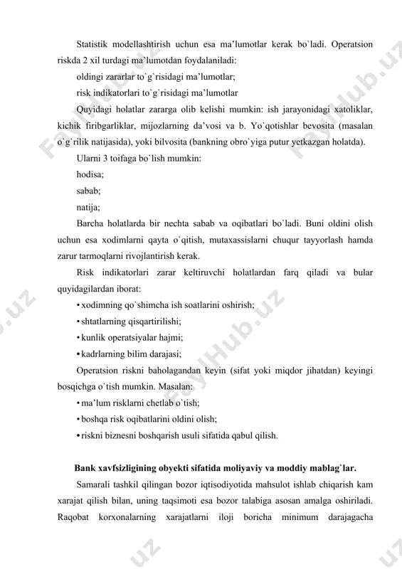 bo`lgan ko`p qirrali tushuncha. shuning uchun bank faoliyatining samaradorligiga erishish, uning moliyaviy barqarorligini ta’minlash uchun iqtisodiyotda mavjud risklar, ularning bank faoliyatiga ta’sir qilish tomonlarini chuqur o`rganib chiqish zarur. shu sababli maxsus adabiyotlarda, amaliyotda mavjud bo`lgan ba’zi bir fikr va mulohazalarni ko`rib chiqish maqsadga muvofiqdir. tovar-pul munosabatlarinig rivojlanishi riskning iqtisodiy kategoriya sifatida yuzaga kelishiga va subyektlar faoliyatida mustahkam o`rnashib olishiga imkoniyat yaratdi. shuning uchun ham risklar bizni tunu-kun, har yer va har joyda o`rab kelmoqda. u bizning hayotimizda har doim ham qochib bo`lmaydigan va yechish lozim bo`lgan bir jarayon bo`lib, biror-bir natijani yuzaga kelishiga asos bo`ladi. bunday natija salbiy va ijobiy bo`lishi mumkin. riskning sinonimi sifatida biz ishonchsizlik, imkoniyatsizlikni, bir voqea bo`lish-bo`lmasligini oldindan aytib bera olmaslik kabilarni misol qilib ko`rsatishimiz ham mumkin. endi biz riskning tub mohiyatini ko`rib chiqadigan bo`lsak, “risk” so`zi ispancha-portugalcha so`zdan olingan bo`lib “suv ostidagi qoya” degan ma’noni bildiradi. shuning uchun ham risk xavf tug`dirish ehtimoli mavjudligini ifoda …