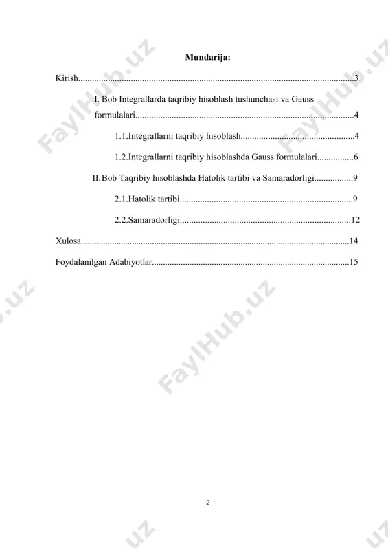 ss formulalarining asosiy g‘oyasi shundaki, ular og‘irlik funksiyasi asosida tanlangan nodal nuqtalar va ularga mos vazn koeffitsiyentlari orqali integral qiymatini maksimal aniqlikda baholashni maqsad qiladi. eng e’tiborga molik jihati — bu usul polinomlarni maksimal darajada aniqlik bilan integrallashga mo‘ljallangan bo‘lib, n ta nuqtali gauss formulasi 2n–1-darajagacha bo‘lgan polinomlar uchun aniq natija beradi. mazkur mavzuda biz gauss kvadratura formulalarining nazariy asoslarini, ularning hosil qilinish g‘oyasini, xatolik tartibini va samaradorlik darajasini chuqur tahlil qilamiz. shuningdek, boshqa klassik taqribiy usullar bilan solishtirilib, gauss usulining ustun jihatlari va qo‘llanilish chegaralari ham ko‘rib chiqiladi. bu mavzu nafaqat nazariy ahamiyatga, balki muhandislik, fizika, iqtisodiyot kabi sohalarda qo‘llaniladigan modellashtirish jarayonlarida ham keng amaliy qiymatga ega. i bob integrallarda taqribiy hisoblash tushunchasi va gauss formulalari 1.1.integrallarni taqribiy hisoblash integral matematikada, bir funksiyaning amalini hisoblash uchun odatda qo'llaniladigan usuldir. integral aslida bir funksiyaning integrali bilan aniqlanadi va funksiyaning amalini hisoblashda foydalaniladi.integralning bir qismini hisoblash uchun ko'p qo'llaniladigan usul riemann …
