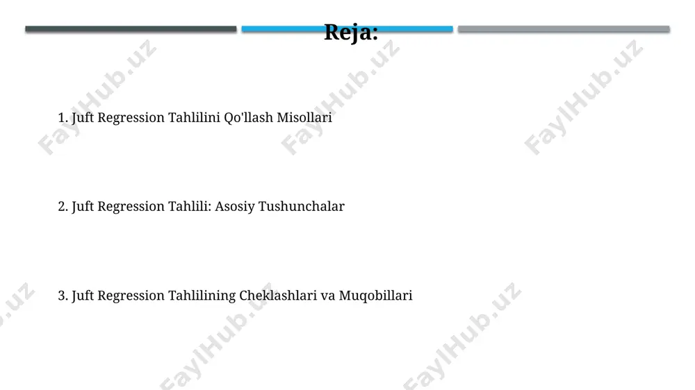 sion tahlilining mohiyati ushbu tahlil natijalari, 0.8 kabi yuqori korrelyatsiya koeffitsiyenti bilan, samarqand viloyatida paxta yetishtirish hajmi va fermer xo'jaliklarining daromadlari o'rtasidagi kuchli bog'liqlikni ko'rsatishi mumkin. juftlik regressiya tahlili iqtisodiyotda 2 yoki undan ortiq o'zgaruvchilar o'rtasidagi bog'liqlikni aniqlashda, masalan, toshkent shahridagi uy-joy narxlari va maydonlari o'rtasidagi korrelyatsiyani o'rganishda muhim ahamiyatga ega. pairli regression tahlilini amaliy qo'llash misollari ўзбекистоннинг самарқанд вилоятидаги 15 та туризм корхонасининг даромади ва сайёҳлар сони ўртасидаги муносабатни ўрганиш учун жуфтли регрессия таҳлили қўлланилиб, даромад ва сайёҳлар сони ўртасида кучли мусбат корреляция (r = 0.82) аниқланди. қозоғистоннинг олмаота вилоятидаги 30 та фермер хўжалигининг ҳосилдорлиги ва суғориш суви миқдори ўртасидаги боғлиқликни ўрганишда жуфтли регрессия моделидан фойдаланилди, натижада суғориш суви 10% ошганда ҳосилдорлик 5% га ошганлиги аниқланди. e'tiboringiz uchun rahmat @taqdimot_robot image1.jpg image2.jpg image3.jpg image4.jpg image5.jpg