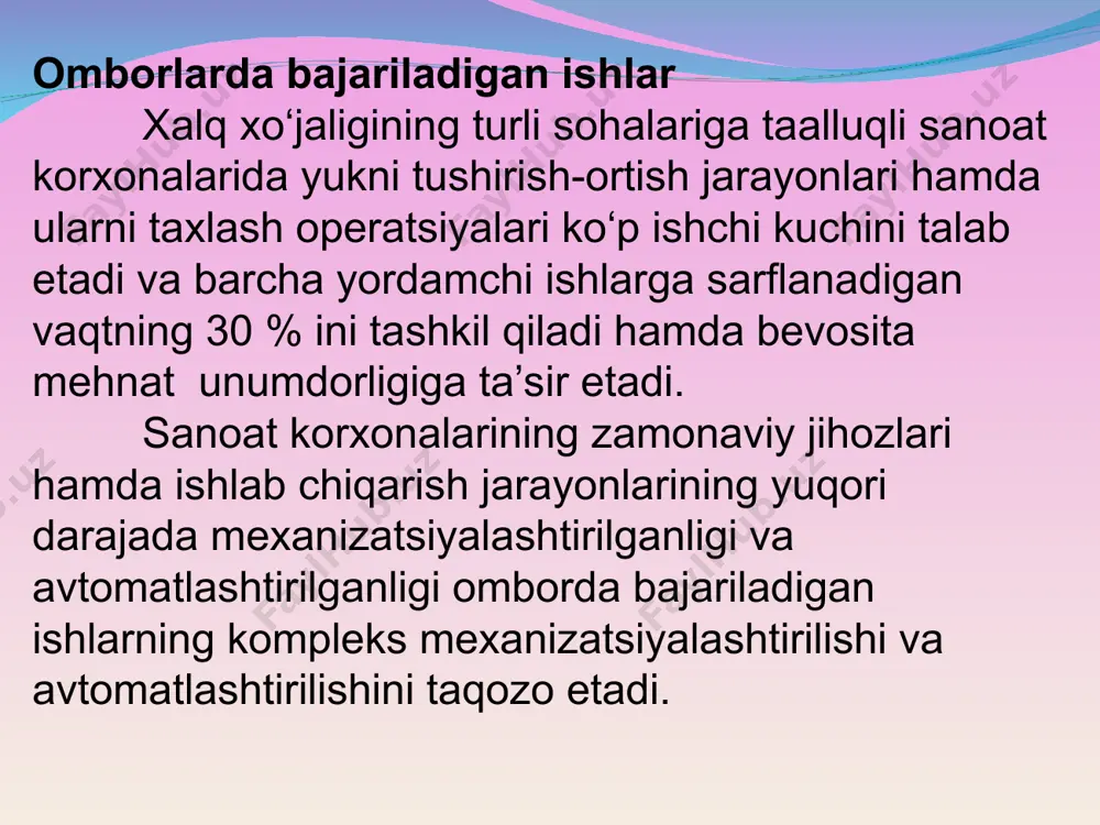 ngan: a) mashinasozlik zavodining ishlab chiqarish xajmi hamda xarakteri va strukturasiga qarab tayyorlov sexlarining omborlari (quyuv va temirchilik sexlaridan chiqadigan tayyor mahsulot, temirchilik sexlaridan chiqadigan zagotovkalar saqlanadi); b) mexanik ishlov berish sexlaridan chiqadigan zagotovkalar omborlari (mexanik ishlov berishdan oldin quymalar, pokovkalar, shtampovkalar saqlanadigan umumiy ombor); v) saqlanadigan chala fabrikatlarning turiga ko‘ra quymalar, pokovkalar va boshqalar omborlari hamda chala fabrikatlar (quymalar, pokovkalar, zagotovkalar)ning umumiy ombori; g) tayyorlov va ishlov berish sexlarining bir-biriga nisbatan joylashishiga qarab sex ichida va sexdan alohida joylashgan chala fabrikatlar omborlari; d) qurilish komponovkalash echimlari bo‘yicha alohida ko‘rilgan sexlar (quyuv, temirchilik, mexanika sexlari) qoshidagi yoki aloxida turadigan korpuslardagi hamda alohida turadigan ombor binolaridagi sexlar bloklari qoshidagi omborlar. savollar 1. universal omborlarga nimalar saqlanadi? 2. maxsus omborlarga nimalar saqlanadi? 3. omborlar qanday vazifani bajarishadi? 4. stellajlarning vazifasi nimadan iborat? 5. ombolarni klassifikatsiyalanishini izohlab bering? e’tiboringiz uchun raxmat!