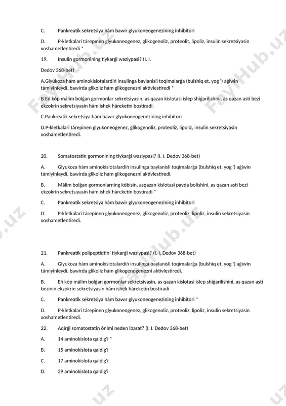 gi qanday? (i. i. dedov 2015 jil 273 bet) a. 3-6% * b. 6 -7% c. 10% d. 12-14% 27. únyada qansha balalar hám óspirimler 1-tip diabetke shalinǵan? (i. i. dedov 2015 jil 276 -bet) a. 90, 000 b. 78000 * c. 100000 d. 670, 000 28. qandli diabettiń giperglikemiya menen baylanisli barliq túrleri ushin tán bolǵan belgiler qanday, natuwrisin korsetin’? (i. i. dedov 2015 jil 276 -bet) a. polidipsiya b. poliuriya c. teri qichiydi d. ishtey baylani’w * 29. kún dawaminda nawqaslar qantli’ diabet 1 tipte neshe litrgeshe suyiqliq ishiwi hám shiǵarip jiberiwi múmkin? (i. i. dedov 2015 jil 276 -bet) 1. bes * 2. 6 3. 7 4. segiz 30. toliq insulin jetispewshiligidan kelip shiqqan qantli’ diabet 1 tip ushi’n tán bolǵan belgi? (i. i. dedov 2015 jil 276 -bet) a. vitaminlar b. azzilesıw * c. mineral duzlar d. suw 31. qaysi nawqaslarda kesellik baslanǵanda geyparalarinda ishteyni kóbeyiwi …