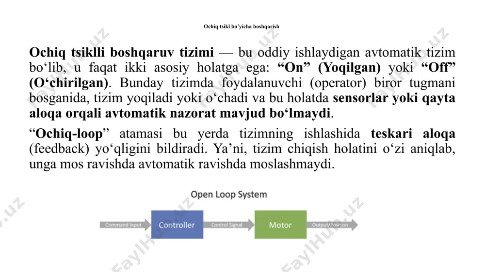 . tizim bu o‘zgarishni aniqlaydi va ichki harorat hali oshmasidan oldin ventilyatorni yoqadi yoki soya beruvchi pardalarni ishga tushiradi. bu yerda tizim harorat ko‘tarilishini kutmaydi, balki uni yuzaga kelishidan oldin sezib, chora ko‘radi. bu kompensatsiyalash prinsipining asosiy afzalligi sanaladi. mantiqiy dasturlanadigan kontroller ning umumiy tasnifi. mantiqiy dasturlanadigan kontroller - bu dastur tomonidan boshqariladigan diskret/analog mashina boʻlib, u datchiklar orqali boshqaruv obyektiga ulangan ma’lum kirish portlariga va aktuatorlar ulangan chiquvchi portlar toʻplamiga ega. mdk kirish holatini doimiy ravishda kuzatib boradi va dastur tomonidan belgilangan harakatlarning ma’lum ketma-ketligini ishlab chiqaradi va ular chiqishlardagi oʻzgarishlarda aks etadi. dastlab sanoatda qoʻllaniladigan mdklar faqat ikkilik kirishlarga ega edi, ya’ni signal qiymatlari faqat ikkita holatni olishi mumkin, mantiqiy bir (1, rost) yoki mantiqiy nol (0, yolgʻon) qiymat. aytaylik, kirish modulidagi qaysidir portda (yacheykasida) 24 volt tok kuchlanishi mavjudligi odatda mantiqiy 1 signal deb hisoblanadi. kuchlanish yoʻqligi esa mantiqiy 0 degan ma’noni anglatadi. mdk ham huddi shu …