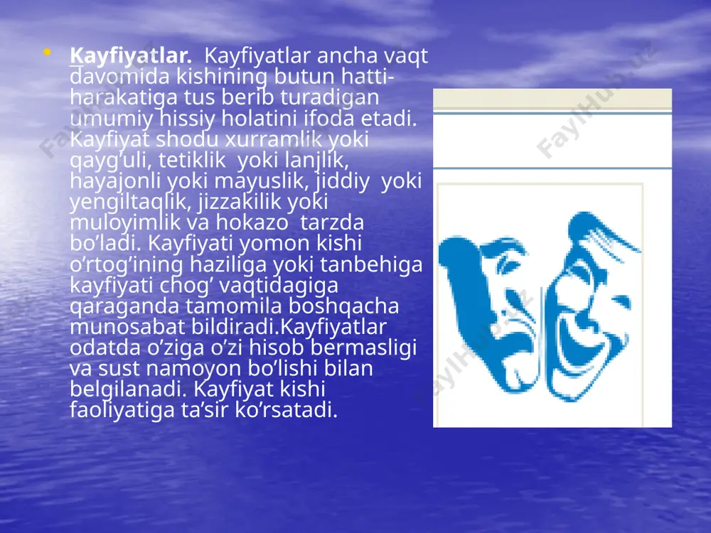 an teskari emosional alomatlarni qo’zg’atadi – kuldiradi yoki yig’latadi. bunday hollarda bemor kishilar ko’pincha o’zlari kulib tursalar ham, aslida g’amgin bo’ladilar, ko’z yoshi to’ka turib esa xursandlik his qiladilar. hissiyotlar bosh miya po’stining ostki qismlari faoliyati bilan ham bog’langandir. jumladan, ko’rish bo’rtig’i hislarni ifodalaydigan ixtiyorsiz harakatlarning markazlaridir. buni shu bilan isbot qilish mumkinki, ko’rish bo’rtig’ining shikastlanishi natijasida, hissiyotni ifodalovchi yuz harakatlari ham izdan chiqadi. bosh miya po’sti ostidagi markazlardan mahrum bo’lgan hayvonlarda hissiyotlarni ifoda­lovchi harakat belgilari bo’lmaydi. bosh miya po’sti ostidagi qismlarda vegetativ nerv sistemasini boshqaruvchi markazlar bor. bu markazlar emosional kechinmalar bilan mustahkam bog’langandir. hissiyotning tashqi ifodalanishi. psixik jarayonlarning hammasi organizmning tashqi o’zgarishlarida va harakatlarida ma’lum darajada ifodalanadi. lekin odamning hissiyotlari ayniqsa yaqqol ifodalanadi. emosional kechinmalar organizmning tashqi o’zgarishlarida shu qadar yaqqol alomatlarda ifodalanadiki, odatda, biz odamning tashqi ko’rinishiga qarab unda qanday hissiyotlar yuz berayotganligini – u xursandmi, yoki xafami, g’azablanganmi yoki biror nimadan qo’rqib turganmi, unda muhabbat paydo …