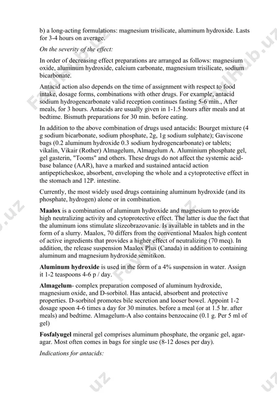 and magnesium to provide high neutralizing activity and cytoprotective effect. the latter is due the fact that the aluminum ions stimulate slizeobrazovanie. is available in tablets and in the form of a slurry. maalox, 70 differs from the conventional maalox high content of active ingredients that provides a higher effect of neutralizing (70 meq). in addition, the release suspension maalox plus (canada) in addition to containing aluminum and magnesium hydroxide semitikon. aluminum hydroxide is used in the form of a 4% suspension in water. assign it 1-2 teaspoons 4-6 p / day. almagelum- complex preparation composed of aluminum hydroxide, magnesium oxide, and d-sorbitol. has antacid, absorbent and protective properties. d-sorbitol promotes bile secretion and looser bowel. appoint 1-2 dosage spoon 4-6 times a day for 30 minutes. before a meal (or at 1.5 hr. after meals) and bedtime. almagelum-a also contains benzocaine (0.1 g. per 5 ml of gel) fosfalyugel …