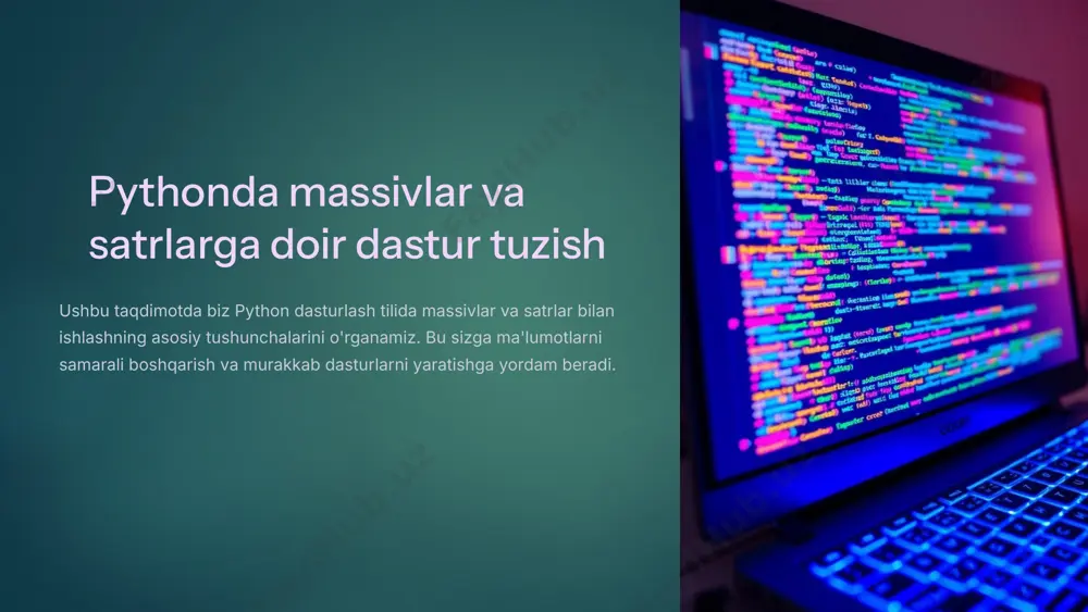 tsiya satrlarni manipulyatsiya qilish uchun `upper()`, `lower()`, `strip()`, `split()`, `join()` kabi funksiyalar ishlatiladi. `text = "hello, world!"` va `text.upper()` natijasi `hello, world!` bo'ladi. 5 satrlar va massivlar: o'zaro aloqadorlik va farqlar 1 ma'lumotlar tuzilmalari 2 massivlar bir xil turdagi ma'lumotlarni saqlaydi 3 satrlar belgilar ketma-ketligini saqlaydi 4 o'zaro aloqadorlik satrlar massivlar kabi ma'lumotlar tuzilmalarining bir turidir. 5 farqlar satrlar faqat belgilarni saqlashi mumkin, massivlar esa turli xil ma'lumotlar turlarini saqlashi mumkin. 6 funksiyalar: satrlarni qayta ishlash uchun funksiyalar yaratish 1 funksiya yaratish 2 kirish ma'lumotlari funksiyaga kiritiladigan qiymatlar. misol uchun, satr yoki massiv. 3 qaytish qiymatlari funksiya tomonidan qaytariladigan natija. misol uchun, qayta ishlangan satr yoki massiv. 4 funksiya tanasi funksiyada bajariladigan amallar. misol uchun, satrni kesish, qidirish yoki almashtirish. 7 agar-yoki operatorlari: satrlar va massivlar ustida shartli operatsiyalar 1 shart agar-yoki operatori satrlar yoki massivlarning ma'lum shartlarni bajarishini tekshiradi. 2 amallar shart bajarilsa, ma'lum amallar bajarilishi mumkin. 3 boshqa …