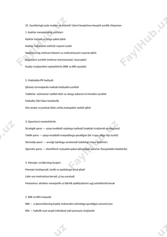 rga kiritmaslik faqat ishonchli va litsenziyali chatbotlardan foydalanish chatbotlarni qo'shimcha vosita sifatida ko'rish insoniy munosabatlarning ustunligini saqlash chatbotlar bergan ma'lumotlarni tekshirish ushbu yondashuv sun’iy intellekt texnologiyalaridan xavfsiz va axloqiy foydalnishda muhim ahamiyat kasb etadi. sun’iy intellekt texnologiyalarining ta’limiy imkoniyatlarini quyidagilarda ko’rish 24. o‘zbekistonda inklyuziv ta’limni huquqiy asosda qo‘llab-quvvatlash uchun quyidagi qonun va qarorlar qabul qilingan: o‘zbekiston respublikasi konstitutsiyasi (2023-yil, 50-modda) – har bir insonning ta’lim olish huquqini belgilaydi. “ta’lim to‘g‘risida”gi qonun (2020-yil, 20-modda) – barcha o‘quvchilar uchun ta’limga teng huquqlarni kafolatlaydi. “bola huquqlarining kafolatlari to‘g‘risida”gi qonun (2008-yil) – ta’lim olishdagi teng imkoniyatlar va kafolatlarni ta’minlaydi. “nogironligi bo‘lgan shaxslarning huquqlari to‘g‘risida”gi qonun (2020-yil) – nogironligi bo‘lgan shaxslarning huquqlarini himoya qiladi. prezidentning 2020-yil 13-oktabrdagi pq-4860-sonli qarori bilan 2020-2025-yillarga mo‘ljallangan inklyuziv ta’limni rivojlantirish konsepsiyasi tasdiqlandi. mazkur qaror asosida: inklyuziv guruh va sinflar tashkil etish; pedagoglarni qayta tayyorlash va malakasini oshirish; maktablarni zarur jihozlar bilan ta’minlash belgilangan. 25. savollaringiz juda muhim va dolzarb! ularni …