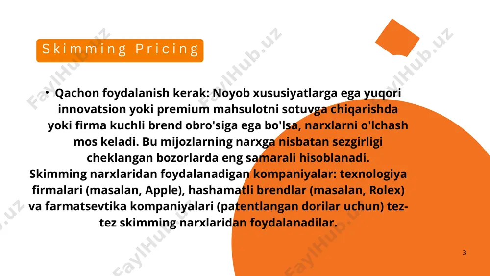 guruh xususiyatlariga asoslangan narxlash. 11 afzalliklari: daromadni ko'paytiradi: ko'proq iste'molchi ortiqchasini qo'lga kiritish orqali kompaniyalar rentabellikni oshirishi mumkin. bozor imkoniyatlarini kengaytiradi: turli xil narxlar punktlari kompaniyalarga kengroq iste'molchilarni jalb qilish imkonini beradi. mijozlarning tajribasini yaxshilaydi: maqsadli chegirmalar mahsulotni ma'lum guruhlar uchun qulayroq qiladi va yaxshi niyat hosil qiladi. 12 kamchiliklari: amalga oshirish uchun murakkab: bozorni segmentlarga ajratish va to'g'ri narxlarni belgilash qiyin bo'lishi mumkin. norozilik ehtimoli: agar iste'molchilar turli narxlarni bilishsa, bu norozilikka olib kelishi mumkin. arbitraj xavfi: iste'molchilar chegirmali mahsulotlarni qayta sotishlari mumkin, bu esa rentabellikka putur etkazishi mumkin. 13 misollar: calle cualquiera 123, cualquier lugar aviakompaniyalar chiptalar narxini bron qilish vaqti va talabga qarab o'zgartirish orqali narxlarni kamsitishdan foydalanadi. oxirgi daqiqalarda reyslarni bron qilgan ishbilarmon sayohatchilar ko'pincha oldindan bron qilgan dam olish uchun sayohatchilarga qaraganda ko'proq pul to'laydilar. 14 raqobatbardosh narxlar bozorda jozibador bo'lib qolish uchun raqobatchilarga yaqin narxlarni belgilaydi, bu ko'pincha yuqori raqobatbardosh bozorda narxlarning o'xshashligiga olib …