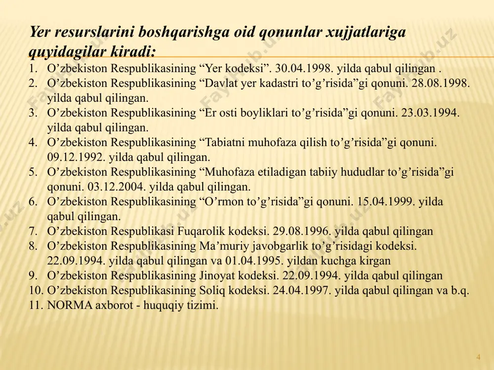 laydi. vazirlar mahkamasi – oʼzbekiston respublikasi hukumati – oʼzbekiston respublikasida ijroiya hokimiyati organi hisoblanadi hamda iqtisodiyotning, ijtimoiy va maʼnaviy sohaning samarali faoliyatiga rahbarlikni, oʼzbekiston respublikasi qonunlari, oliy majlis qarorlari, oʼzbekiston respublikasi prezidentining farmonlari, qarorlari va farmoyishlari ijrosini taʼminlaydi. вазирлар махкамаси таркиби.pptx yer toʼgʼrisidagi qonun hujjatlarining asosiy vazifalari 14 yer toʼgʼrisidagi qonun hujjatlarining asosiy vazifalari hozirgi va kelajak avlodlarning manfaatlarini koʼzlab yerdan ilmiy asoslangan tarzda, oqilona foydalanish va uni muhofaza qilishni, tuproq unumdorligini tiklash va oshirishni, tabiiy muhitni asrash va yaxshilashni, xoʼjalik yuritishning barcha shakllarini teng huquqlilik asosida rivojlantirish uchun sharoit yaratishni, yuridik va jismoniy shaxslarning yer uchastkalariga boʼlgan huquqlarini himoya qilishni taʼminlash maqsadida yer munosabatlarini tartibga solishdan, shuningdek bu sohada qonuniylikni mustahkamlashdan iborat. yer toʼgʼrisidagi qonun hujjatlarining asosiy prinsiplari 1. eng muhim tabiiy resurs, fuqarolar hayotiy faoliyatining asosi tariqasida yer fondini asrash, tuproq sifatini yaxshilash hamda uning unumdorligini oshirish; 2. yerlardan oqilona, samarali va belgilangan maqsadda foydalanishni taʼminlash; 3. qishloq …