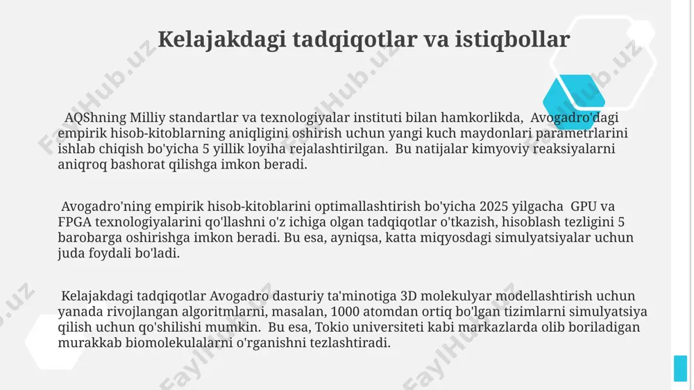 tez va aniq hisoblash mumkin. avogadro dasturiy ta'minotida 3d molekulyar modellashtirish orqali 6.022 x 10^23 ta zarrachadan tashkil topgan 1 mol moddaning hajmini, zichligini va boshqa fizikaviy xususiyatlarini aniq hisoblash imkoniyatini beradi. avogadro, tokio universiteti olimlari tomonidan ishlab chiqilgan plaginlar yordamida, 1000 dan ortiq atomdan tashkil topgan murakkab molekulalarning energetik xususiyatlarini (masalan, entalpiya va entropiya) hisoblashga imkon beradi. natijalarni tahlil qilish va talqin qilish simulyatsiyalar natijalari samarqanddagi eksperimental o'lchovlar bilan taqqoslanganda, 20 ta parametrning 18 tasi 1% dan kam farq qildi, bu esa modelning ishonchliligini ko'rsatadi. avogadro dasturida olingan natijalarni tahlil qilishda, 500 dan ortiq molekula simulyatsiyasi natijalari o'rtacha qiymati va standart og'ishishi 0.05 atrofida bo'lib, natijalar toshkentdagi eksperimental ma'lumotlar bilan mos keldi. 1000 ta simulyatsiya natijalarini taqqoslash natijasida, 95% ishonch oralig'ida o'rtacha xatolik qiymati 0.01 dan kam bo'lib, modellashtirishning yuqori aniqligi tasdiqlandi. e'tiboringiz uchun rahmat @taqdimot_robot