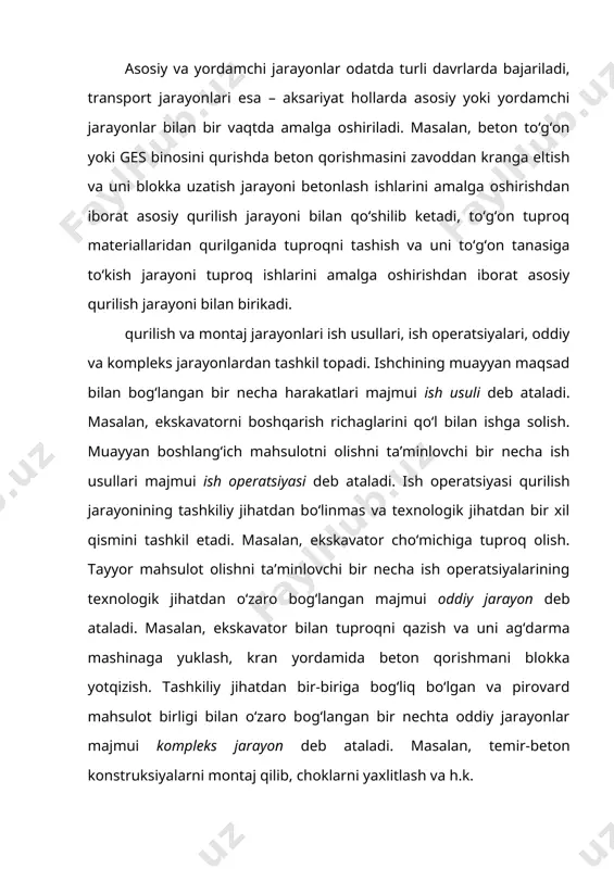 n ish turlariga ixtisoslashgan o‘zgarmas tarkibli, o‘z ish sohasiga mos keluvchi mashinalar, mexanizmlar, asbob-uskunalar va moslamalar bilan jihozlangan brigadalari bir vaqtning o‘zida turli jabhalarda ayni bir ishlarni amalga oshiradilar va tugallangan qurilish mahsulotlarini rejali asosda ishlab chiqaradilar. uzluksiz ish usulida qurilish ishlari muayyan tartibda, ishlab chiqarishning izchilligini ta’minlash yo‘li bilan amalga oshiriladi. bu ish usulida mehnat resurslari va texnika vositalaridan ayniqsa oqilona foydalaniladi. qurilish uzluksiz ish usulida amalga oshirilganida butun ob’ektni yoki inshootni qurishdan iborat murakkab qurilish jarayoni oddiy jarayonlarga ajratiladi. masalan, to‘g‘on seksiyasining bloklarini betonlashtirishni quyidagi oddiy jarayonlarga ajratish mumkin: poydevor plitasining asosini tayyorlash, poydevor plitasining qolipini o‘rnatish, poydevor plitasining armaturasini o‘rnatish, poydevor plitasini betonlash, tirgakchalar qolipini o‘rnatish, ustunlar armaturasini o‘rnatish va ustunlarni betonlash. ishlarning butun fronti ayrim uchastkalarga: to‘g‘on seksiyalariga ajratiladi. har bir oddiy jarayonni ixtisoslashgan brigada yoki zveno, chunonchi: asosni tayyorlash brigadasi, duradgorlar brigadasi, armaturachilar brigadasi, betonchilar brigadasi bajaradi. brigadalar yoki zvenolar izchillik bilan, uzluksiz bir uchastkadan …