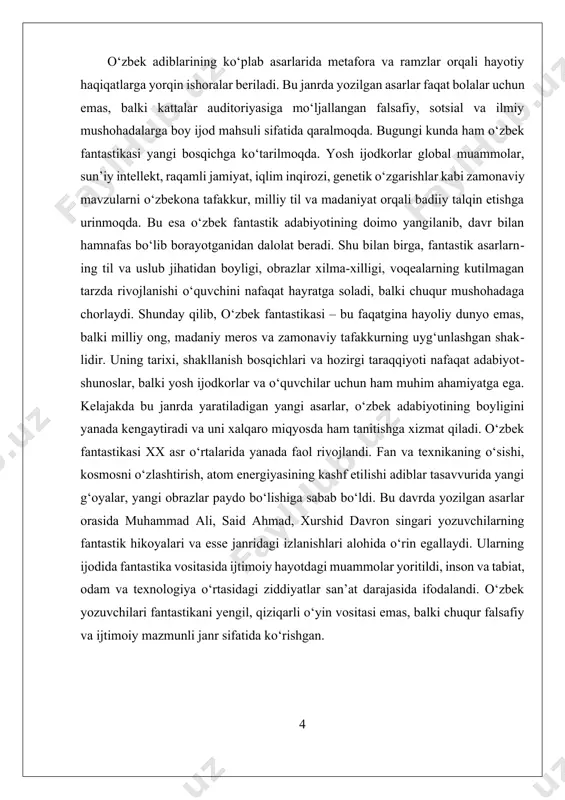 i. zamonaviy o‘zbek fantastik adabiyoti esa yangi shakl va mazmun kasb eta boshladi. ilm-fan taraqqiyoti, texnologiyalarning rivojlanishi bu janrga ilmiy-fantastik yo‘nalishni olib kirdi. yozuvchilar tasavvurdagi olamlar, koinotga sayohatlar, sun’iy intellekt, vaqt mashinasi kabi tushunchalarni badiiy asarlar orqali ifodalay boshladilar. bu davr fantastikasida inson va texnika o‘rtasidagi munosabatlar, kelajakdagi jamiyat hayoti, ekologik muammolar kabi dolzarb masalalar ilgari surildi. ayni paytda yosh avlod yozuvchilari ham o‘z asarlarida yangicha yondashuvni, dolzarb mavzularni ko‘tarib chiqmoqdalar. ular global muammolar bilan birga milliy qadriyatlar, urf-odatlar va tarixiy obrazlarni uyg‘unlashtirgan holda o‘ziga xos fantastik olamlar yaratmoqdalar. bu esa o‘zbek fantastikasining nafaqat davom etayotganini, balki yuksalayotganini ham anglatadi. o‘zbek fantastik adabiyoti o‘ziga xos yo‘lga ega bo‘lib, unda real va irreal voqealar uyg‘unligi, ilmiy izlanishlar bilan badiiy tasavvurning chatishgan holati, milliylik va umuminsoniylik o‘rtasidagi muvozanat alohida ajralib turadi. bu yo‘nalish nafaqat adabiy hayotda, balki yoshlarning dunyoqarashini kengaytirishda, ularni yangilik sari undashda ham katta o‘rin egallaydi. o‘zbek fantastik adabiyotining shakllanishi …