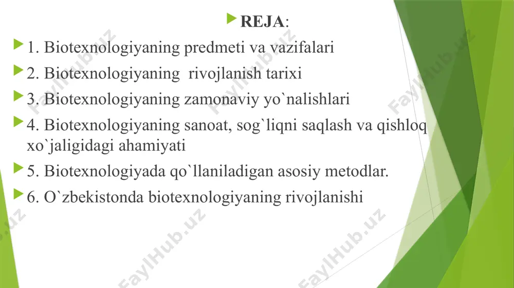 yaning vazifalari: kerakli mahsulotlarni ishlab chiqarish uchun biologik ob’yektlar, sistema va jarayonlardan foydalanish; mikroorganizmlar, hujayra kulьturalari va ularning alohida komponentlaridan ishlab chiqarishda foydalanish maqsadida bioximik, mikrobiologik va injenerlik bilimlarini kompleks qo`llash; turli tipdagi foydali mahsulotlarni olish va ko`paytirish uchun biologik jarayonlardan foydalanish; kerakli mahsulotlar olish yoki servis texnologiyasini yaratish maqsadida biologik agentlar yordamida ishlov berish uchun ilmiy va injenerlik printsiplardan foydalanish. biotexnologiya so`zi grekcha so`zlar yig`indisi bo`lib, «bios” - hayot, «texne» - san’at, texnika va «logos” – tushuncha, ta’limot ma’nolarini bildiradi. biotexnologiya yo`nalishlarining vazifalari quyidagilardir: sog`liqni saqlash sohasida turli kasalliklarni davolash, diagnostikasi va profilaktikasi uchun yangi biologik aktiv moddalar va dorivor preparatlarni yaratish; qishloq ho`jaligi o`simliklarini kasallik qo`zg`atuvchilar va zararkunandalardan himoyalashning biologik vositalarini, bakterial o`g`itlar va o`simlik va hayvonlarning o`sish regulyatorlarini; noqulay atrof-muhit omillariga chidamli yangi o`simlik navlarini hamda foydali xususiyatga ega bo`lgan yangi hayvon zotlarini (transgen hayvonlar)ni yaratish; qishloq xo`jaligi hayvonlarining mahsuldorligini oshirish uchun qimmatli ozuqa qo`shilmalarini (ozuqaviy oqsil, …
