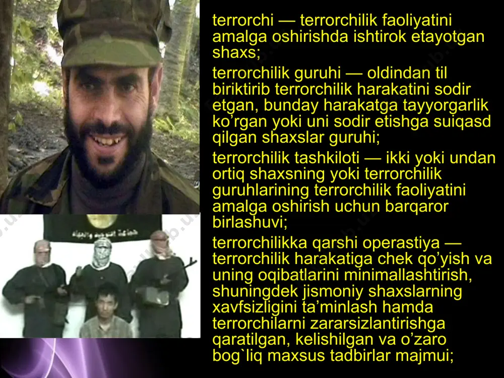 hilikka qarshi operastiya o’tkazuvchi shaxslarning qonuniy talablariga to’sqinlik qilishga qaratilgan, shuningdek terrorchilikka qarshi operastiya o’tkaziladigan zonaga ruxsatsiz kirish yoki kirishga urinish bilan bog`liq harakatlar sodir etgan shaxslarni ushlash va tegishli organlarga olib borish; page * 20-modda. ommaviy axborot vositalari bilan o’zaro hamkorlik terrorchilikka qarshi operastiya o’tkazilayotgan zonada ommaviy axborot vositalari vakillarining faoliyati joylardagi terrorchilikka qarshi operastiya o’tkazish rahbarlari bilan hamkorlikda amalga oshiriladi. quyidagi axborotlar tarqatilishiga yo’l qo’yilmaydi: terrorchilikka qarshi operastiya o’tkazishning maxsus texnikaviy usullarini hamda taktikasini ochib beradigan; terrorchilikka qarshi operastiya o’tkazilishini qiyinlashtirib qo’yadigan, jismoniy shaxslar hayoti va sog`lig`iga xavfni keltirib chiqaradigan; terrorchilikni targ`ib qilishga yoki oqlashga ko’maklashadigan; page * iv. terrorchilik harakati oqibatida etkazilgan zararni qoplash va jabrlangan shaxslarning ijtimoiy reabilitatsiiyasi 22-modda. terrorchilik harakati oqibatida etkazilgan zararni qoplash terrorchilik harakati oqibatida etkazilgan zararni qoplash qonun hujjatlarida belgilangan tartibda amalga oshiriladi. 23-modda. terrorchilikka qarshi operastiya o’tkazish natijasida etkazilgan zararni qoplash terrorchilikka qarshi operastiya o’tkazish natijasida shaxsga yoxud jismoniy yoki yuridik …