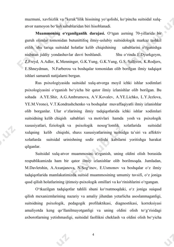 qiqotlar tahlili shuni ko‘rsatmoqdaki, o‘z joniga suiqasd qilish mexanizmlarining nazariy va amaliy jihatdan yetarlicha asoslanmaganligi, suitsidning psixologik, pedagogik profilaktikasi, diagnostikasi, korreksiyasi amaliyotda keng qo‘llanilmayotganligi va uning oldini olish to‘g‘risidagi axborotlarning yetishmasligi, suitsidal faollikni cheklash va oldini olish bo‘yicha tarbiyaviy chora-tadbirlar yetarli natijalar bermayotganligi mutaxassislar, olimlar tomonidan ta’kidlanmokda. shu bois, mazkur bitiruv malakaviy ishni bajarish jarayonida ushbu muammoning motivatsiyasi, suitsidal urinishlarga sabab bo‘luvchi ijtimoiy-psixologik omillar, uning psixoprofilaktikasi, kishilar o‘rtasida uchraydigan o‘ziga xos suitsidal xulqni o‘z vaqtida aniqlash va psixokorreksiya qilishga oid ilmiy tadqiqotlarning kamligiga guvoh bo‘ldik. bu holat bitiruv malakaviy ish mavzusini tanlashimizga imkon berdi. bitiruv malakaviy ishining maqsadi: suitsidal holatlarning kelib chiqish sabablarini o‘rganish va ularni oldini olishning ijtimoiy-psixologik omillarini tadqiq qilish. bitiruv malakaviy ishining obyekti: suitsidal harakatlarni sodir etishga moyillgi bo‘lgan shaxslar tahlili bitiruv malakaviy ishining predmeti: suitsidal xulq-atvorni bartaraf etishning ijtimoiy-psixologik omillarini tadqiq etish va ilmiy- amaliy tavsiyalar berish jarayoni. bitiruv malakaviy ishining vazifalari: 1. mavzuga oid adabiyotlarni …