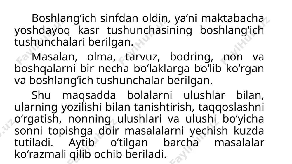 salani yechishda kesma tasviridan foydalanamiz. kesmani 24 bet deb olib, uni 8 ta teng boʻlakka boʻlamiz va uning 5 qismini ajratamiz. 1) 24:8=3 bet 2) 3•5=15 bet 3) 24-15=9 bet yozilmadi. umumiy ifoda koʻrinishda 24-24:8•5=9 bet. kasrlarni oʻrganishda koʻrsatmalilik va koʻrsatma qurollar masalasi, ayniqsa muhimdir. kasrlarni oʻrganishning bu bosqichida oʻqitish toʻla koʻrazmali boʻlishi, ayniqsa zarur. shuning uchun ulushlarning hosil boʻlish jarayonini koʻrilayotanligi munosabati bilan iloji boricha koʻproq turli aniq predmetlar: olma, lenta va boshqa har xil geometrik figuralarning modellarini teng boʻlaklarga boʻlishga doir amaliy mashqlarni koʻproq oʻtkazish kerak. kasrlarni taqqoslash: bir xil maxrajli kasrlardan qaysi birining surati katta boʻlsa, oʻsha kasr kattadir. bir xil maxrajli kasrlardan qaysi birining surati kichik boʻlsa, oʻsha kasr kichikdir. bir xil maxrajli kasrlarni taqqoslash uchun ularning suratlarini taqqoslash kifoya. image1.png image2.jpeg image3.png image4.png image5.png image6.png image7.png image8.png image9.png image10.png image11.png /docprops/thumbnail.jpeg