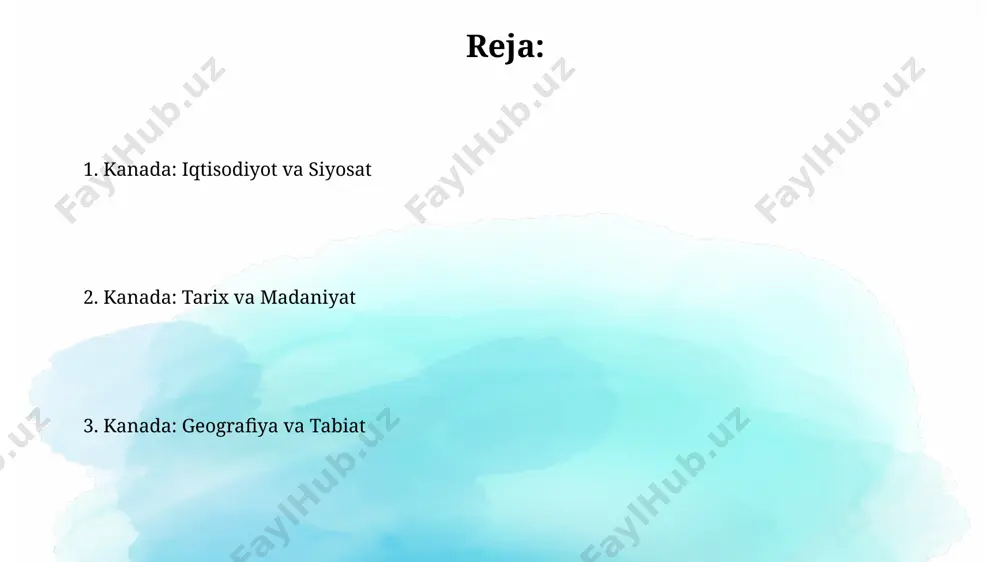 o'rtacha 10 milliard kanada dollari miqdorida baholanadi, bu esa ko'plab xalqaro talabalarni jalb qiladi. kanada aholisi va demografiyasi kanadada ko'plab etnik guruhlar yashaydi, ulardan eng kattalari inglizlar va fransuzlar bo'lib, ularning soni millionlab kishini tashkil etadi, shuningdek, ontario va kvebek kabi viloyatlarda ko'plab immigrantlar istiqomat qiladi. kanadaning tug'ilish koeffitsienti nisbatan past (taxminan 10 promille), ammo immigratsiya mamlakat aholisining o'sish sur'atini sezilarli darajada oshirib keladi, bu esa mamlakatning demografik tuzilmasiga sezilarli ta'sir ko'rsatadi. kanadaning iqtisodiyoti kanada resurslarga boy mamlakat bo'lib, neft, tabiiy gaz va yog'och kabi tabiiy resurslarning eksport qilishdan olgan daromadi yalpi ichki mahsulotining sezilarli qismini tashkil etadi, bu esa 2023-yil uchun 200 milliard dollarga yaqinlashdi. kanada, aqsh bilan kuchli savdo aloqalariga ega bo'lib, aqshga eksport qilinadigan tovarlar hajmi yiliga 300 milliard dollardan oshadi, bu ikki mamlakat o'rtasidagi savdo munosabatlarining katta ahamiyatini ko'rsatadi. e'tiboringiz uchun rahmat @taqdimot_robot image2.jpg image3.jpg image4.jpg image5.jpg image6.jpg image7.jpg image8.jpg image1.png