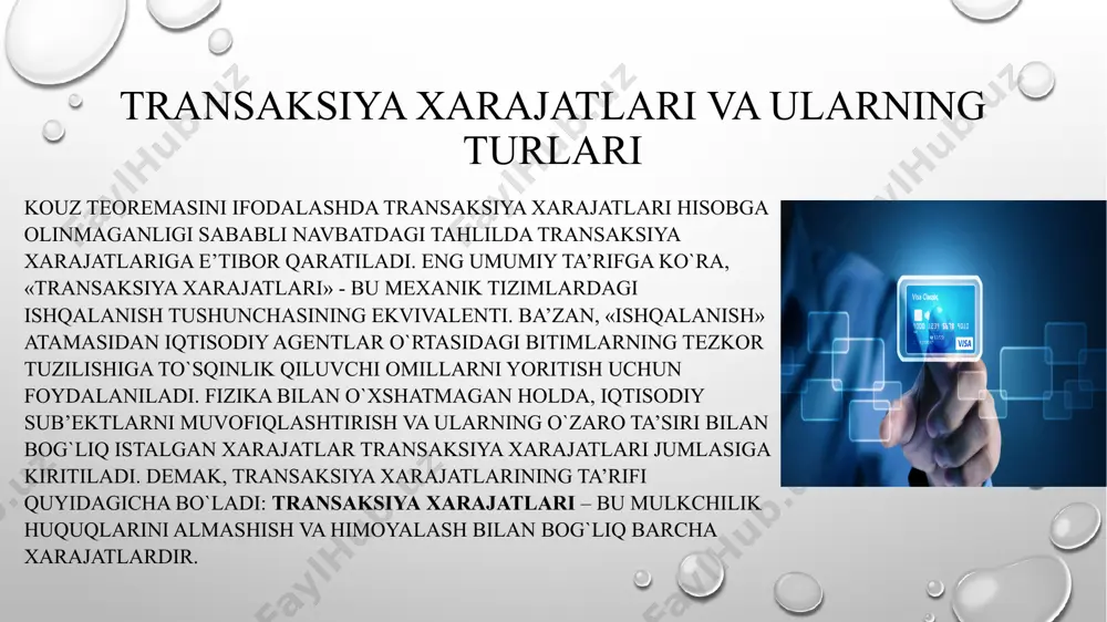 atsiya xarajatlari — bu iqtisodiy resurslarni bir faoliyatdan boshqasiga yo‘naltirish yoki bir holatdan boshqasiga o‘zgartirish jarayonida yuzaga keladigan qo‘shimcha xarajatlardir. ushbu tushuncha bir nechta sohalarda qo‘llaniladi: 1. iqtisodiy ma’noda: transformatsiya xarajatlari — bu resurslarni bir mahsulot ishlab chiqarishdan boshqasiga o‘tkazish xarajatlari. masalan: dehqon bug‘doy ekishdan sabzi ekishga o‘tsa, u yerga boshqa ishlov berish, yangi texnika yoki urug‘ xarid qilishiga to‘g‘ri keladi. bu o‘zgarishlar jarayonida ketadigan xarajatlar — transformatsiya xarajatlari deyiladi. 2. biznes va boshqaruvda: korxona o‘z faoliyatini, ishlab chiqarish texnologiyasini yoki xizmat ko‘rsatish shaklini o‘zgartirganda, quyidagi xarajatlar yuzaga chiqadi: yangi uskunalar xaridi xodimlarni qayta o‘qitish ish jarayonlarini o‘zgartirish yangi tizimlarga o‘tish (masalan: raqamli transformatsiya) bu harakatlar uchun ketgan vaqt, mablag‘ va mehnat resurslari — transformatsiya xarajatlari bo‘ladi. 3. institutsional nuqtayi nazardan: bir shartnomani, tizimni yoki tartibni o‘zgartirish bilan bog‘liq huquqiy, boshqaruv yoki muomala xarajatlari ham transformatsiya xarajatlariga kiradi. e’tiboringiz uchun raxmat image2.png image3.png image4.jpeg image5.jpeg image6.jpg image7.jpg image8.png image1.png /docprops/thumbnail.jpeg