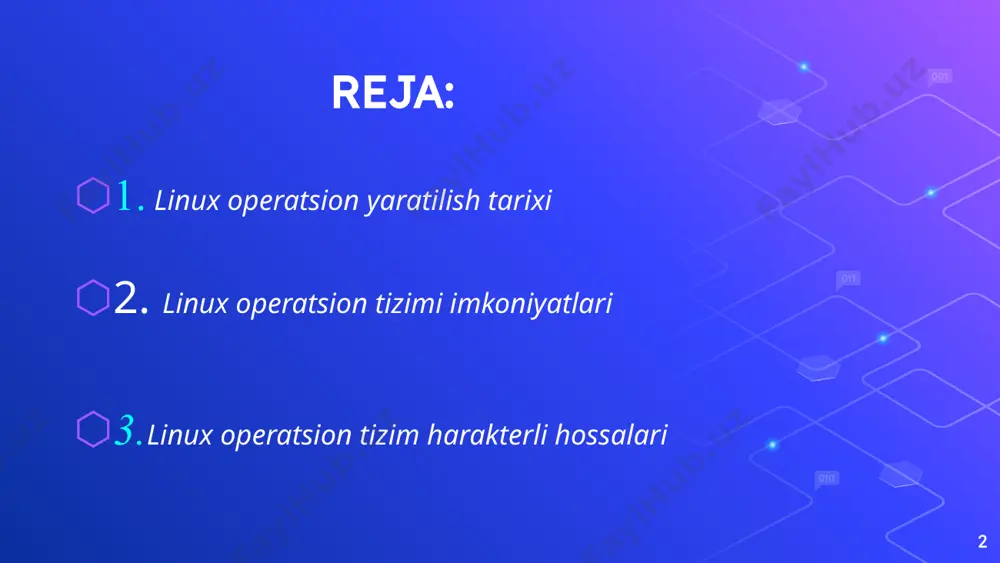 -quvvatlaydi hamda unix, dos, ms windows sistemalariga mos keladi. sistemaning barcha komponentiari, dastlabki matnlar bilan birgalikda chegaralanmagan holda barcha foydalanuvchilarga ochiq nusxa olish va o’rnatish uchun litsenziya bilan birga tarqatiladi. linux оt internet pc pentium pro platformalarida keng tarqalgan va qator boshqa platformalarda ham joy egallamoqda (dep axp, power macintosh va h.k.). linux оt xelsinki universitetida linus torvalds (linus torvalds) tomonidan va internet tarmog’idan foydalanuvchi minglab odamlar, tadqiqot markazlarining xodimlari, fondlar, universitetlar va h.k. lardan tashkil topgan hamda son-sanog’iga yetib bo’lmaydigan juda keng miqyosdagi jamoa tomonidan ishlab chiqilgan. linux — to’laqonli 32- razryadli (64-razryadlisi dec axp platformasida bo’ladi) operatsion sistema bo’lib, kompyuterni to’la quvvat bilan ishlatadi. linux ibm ps shaxsiy kompyuterni haqiqiy ishchi stansiyaga aylantiradi. shaxsiy kompyuterning narxi ishchi stansiya narxidan juda past turadi. linuxning ot sifatidagi xarakterli xossalari • ko’p vazifalilik: bir vaqtning o’zida ko’p dasturlar bajariladi. • ko’p foydalanuvchilar bir vaqtning o’zida bitta kompyuterdan foydaianadi. • protsessorning himoyalangan …