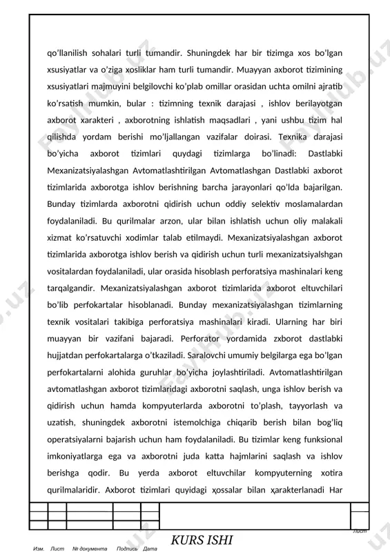 mpyuter tizimi ko’rinishida tasavvur qilish lozim axborot tizimlarini hayotda qo'llab qanday natijalar olish mumkin matematik metod va intellektual tizimlarni qo'llab, boshqarishning optimal variantlarini olish. tizimni avtomatlashtirish natijasida ishchilarning vazifalarini engillashtirish. eng tog’ri axborotga ega bo'lish. axborotlarni qog’ozda emas balki magnit yoki optik disklarda saqlash maҳsulot ishlab chiқarish sarf ҳarajatlarini kamaytirish. foydalanuvchilar uchun qulayliklar yaratish. axborot tizimlarida boshqaruv tuzilmasining o'rni axborot tizimi jamiyat va har bir tashkilot uchun quyidagilarni bajarishi lozim: axborot tizimining tuzilmasi va uning qo'llanilish maqsadi, jamiyat va korxona oldida turgan vazifa bilan to'g'ri kelishi kerak. masalan; tijorat firmasida – foydali biznes, davlat korxonasida ijtimoiy va siyosiy vazifalarni bajarishi kerak. 2. axborot tizimi inson tomonidan boshqarilishi va ijtimoiy etika prinsplari asosida foyda keltirishi kerak. 3. to'g'ri, kafolatli va o'z vaqtida axborotlarni mijoz yoki tizimlarga etkazishi lozim. hozirgai davrda turli maqsadlarga mo’ljallangan turli axborot tizimlari muvoffaqiyatli ishlab turibdi, ular foydalanuvchilarning axborot so’rovlarini qondirish uchun yo’naltirilgan. bunday tizimlarning o’ziga xos xsusiyati …