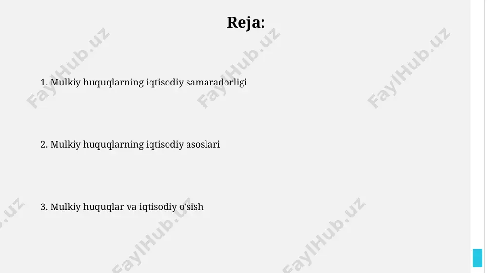 diy o'sish sur'atlarini 1,5-2 baravar tezlashtirishi mumkin. mulkiy huquqlarning zaifligi monopoliyalarni rivojlanishiga va noadolatli raqobatga olib kelishi mumkin, natijada yalpi ichki mahsulotning 5-10% ga kamayishi kuzatiladi. mulkiy huquqlar va investitsiyalar investitsiyalarni jalb qilishda mulkiy huquqlarning ishonchliligi va himoyasi, davlatning korrupsiyaga qarshi kurash samaradorligi bilan birgalikda, o'rtacha 20-25% yuqori rentabellikka olib keladi. kuchli mulkiy huquqlar shartnomalarni bajarishni kafolatlaydi va investitsiyalar xavfini 15% ga kamaytiradi, natijada uzoq muddatli loyihalar sonining ko'payishiga olib keladi. davlat mulkiy huquqining iqtisodiy roli davlat mulkiy huquqining samarali qoʻllanilishi iqtisodiy oʻsish sur’atlarini 2-3 % ga oshirishi mumkin, bu esa yalpi ichki mahsulotning sezilarli darajada oʻsishiga olib keladi. davlat mulkiga oid aniq va shaffof qonunchilik, korrupsiyani 5-10% ga kamaytirish orqali iqtisodiy samaradorlikni yaxshilaydi va sarmoyalarni jalb qilishni kuchaytiradi. mulkiy huquqlar va innovatsiyalar kuchli mulkiy huquqlar tufayli 5-10 yil ichida bozorga yangi mahsulotlar va xizmatlarning chiqishi sezilarli darajada tezlashadi, bu esa iqtisodiy o'sishga va raqobatbardoshlikka ijobiy ta'sir ko'rsatadi. patentlar va …