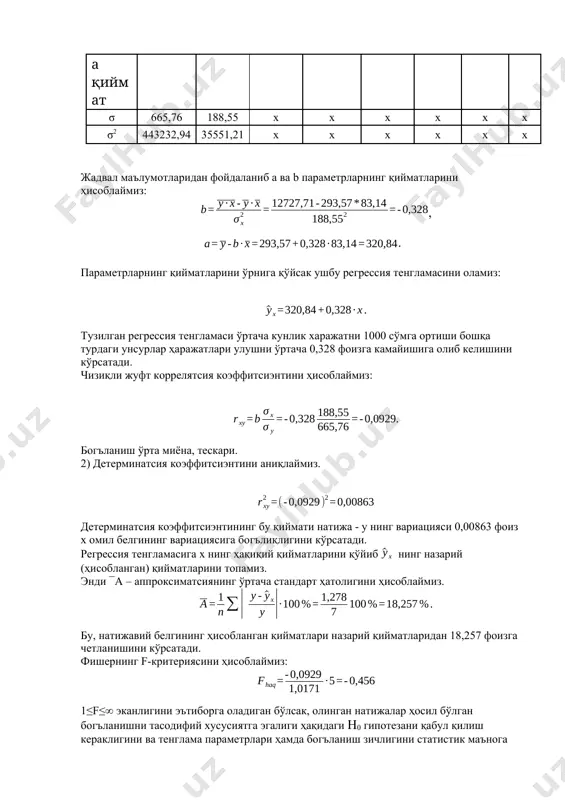 араметрлари ҳамда богъланиш зичлигини статистик маънога эга эмаслигини кўрсатади. 3) спирмен ранглар коррелясия коэффисиэнти бўйича текширинг. y белгиси ва х факторига рангларни берамиз. яъни юқоридаги жадвал асосида энг пастдан юқорисига қараб баллаб борамиз минимум 1 ва максимум 14 балл берилади: x y ранг x, dx ранг y, dy 49 736 14 14 35 197 1 12 41 254 6 13 39 112 4 9 43 145 9 10 41 176 6 11 42 50 8 5 39 76 4 7 47 44 13 4 35 81 1 8 45 40 11 2 43 73 9 6 46 41 12 3 37 30 3 1 матрицада 1 церийасининг тегишли даражалари (бир хил тартиб рақами) бўлгани учун биз уларни қайта шакллантирамиз. сафларни қайта тузиш унвоннинг аҳамиятини ўзгартирмасдан амалга оширилади, яъни тегишли нисбатлар (кўпроқ, камроқ ёки тенг) тартиб рақамлари ўртасида сақланиши керак. бундан ташқари, 1-дан юқори ва параметрларнинг сонига тенг қийматдан паст бўлган …