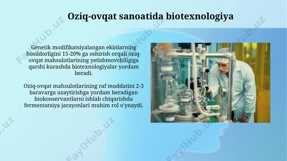 yordamida, bemorning hujayralariga 1-10×10¹² virusli zarrachalarni yetkazishni o'z ichiga oladi. protein muhandisligi orqali yaratilgan rekombinant oqsillar, masalan, insulin, yillik 100 milliard aqsh dollaridan ortiq global bozor hajmini egallaydi va millionlab odamlarning hayotiga ta'sir qiladi. oqsil tozalash va ajratish usullari oqsilni afinitet xromatografiyasi yordamida tozalash, maqsadli oqsilga yuqori darajada (95% dan yuqori) selektivlik bilan bog'lanadigan ligandlarni qo'llash orqali amalga oshiriladi. ion almashinuvi xromatografiyasi, ph va ion kuchini boshqarish orqali, 10 kda dan kam molekulyar massali oqsillarni samarali ajratish imkonini beradi. dnkni klonlash va rekombinatsion dnk texnologiyalari dnkni klonlashda, bakteriyalar kabi organizmlarning genomiga 10000 tagacha bazali juftlikka ega boʻlgan dnk parchalarini kiritish orqali koʻpaytirish mumkin. pcr (polimeraza zanjiri reaksiyasi) texnologiyasi rekombinatsion dnk texnologiyalari uchun muhim boʻlib, millionlab dnk molekulalarining nusxalarini 2-3 soat ichida hosil qilish imkonini beradi. immunologik preparatlar ishlab chiqarish иммунопрепаратларнинг стериллигини таъминлаш учун 0,22 мкм ли фильтрлар орқали фильтрация ва 121°c да 20 дақиқа давомида автоклавлаш каби стериллаштириш жараёнлари қўлланилади. …