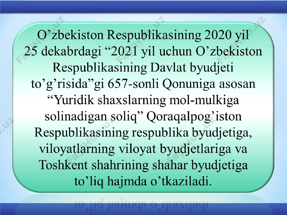 an binolar, foydalanilmayotgan ishlab chiqarish maydonlari, yashash uchun mo’ljallanmagan inshootlar, shuningdek tugallanmagan qurilish ob’ektlariga nisbatan qonun hujjatlarida oshirilgan soliq stavkalarini belgilash yo’li bilan ta’sir choralari qo’llanilishi mumkin hamda soliq kodeksning 414-moddasida ko’rsatilgan soliq imtiyozlari ularga tatbiq etilmaydi. 415-modda. soliq stavkalari soliq stavkasi quyidagilarga nisbatan 0,6 foiz miqdorida belgilanadi: 1) umumiy foydalanishdagi temir yo’llar, magistral quvurlar, aloqa va elektr uzatish liniyalari, shuningdek mazkur ob’ektlarning ajralmas texnologik qismi bo’lgan inshootlar; 2) konservatsiya qilinishi to’g’risida o’zbekiston respublikasi vazirlar mahkamasining qarori qabul qilingan ko’chmas mulk va tugallanmagan qurilish ob’ektlari. 416-modda. soliq davri kalendar yil soliq davridir. 417-modda. soliqni hisoblab chiqarish, soliq hisobotini taqdim etish va soliqni to’lash tartibi soliq to’lovchilar soliqni soliq kodeksning 412-moddasiga muvofiq aniqlangan soliq bazasidan va tegishli soliq stavkasidan kelib chiqqan holda mustaqil ravishda hisoblab chiqaradi. soliq hisoboti soliq bo’yicha hisobga olish joyidagi soliq organiga yilda bir marta, yillik moliyaviy hisobot topshiriladigan muddatda taqdim etiladi, o’zbekiston respublikasi norezidentlari bo’lgan yuridik shaxslar …
