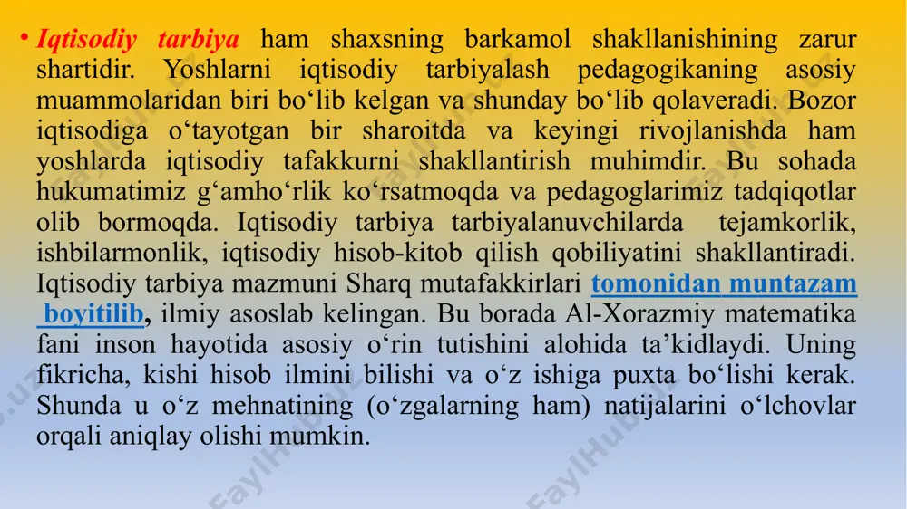 oddiy va ma’na­viy ne’matlarni qadrlash, asrab-avaylash; -kasb tanlashga ongli munosabatda bo‘lish, tejamkorlik, rejalilik, omilkorlik, ishchanlik, xo'jalikni tejab-tergab olib borish kabi sifatlarni tarbiyalash; -tarbiyalanuvchilarni iqtisodiy tahlil qilish malaka va ko‘nikmalari bilan qurollantirish, tejamkorlik va iqtisod qilish odatlarini tarbiyaiash, aqliy va jismoniy mehnat madaniyatini shakllantirish,mehnatni ilmiy tashkil etish asoslarini egallab olish; -mas’uliyatsizlik, mehnatdagi tartibsizlik, bekorchilik, boqimandalik kayfiyatlariga, isrofgarchilikka, beparvolik kabi tushunchalari tushuntirish va bu illatlar yomon oqibatlar olib kelishini uqtirish lozim. - oila budjeti va moddiy boyliklarni sarflash haqidagi bilimlarni yuksaltirish; iqtisodiy tarbiya - tarbiyalanuvchilarga iqtisodiy bilimlani berish, ularda iqtisodiy faoliyat (oila byudjetini shakllantirish, oila xo‘jaligini yuritish, mavjud moddiy boyliklarni asrash, ko‘paytirish, savdo-sotiq munosabatlarini to‘g‘ri tashkil etish va hokazolar)ni tashkil etish ko'nikma va malakalarini shakllantirishdan iborat bo‘lib, ijtimoiy tarbiyaning muhim tarkibiy qismi sanaladi. har qanday tarbiyada ham o‘sha tarbiyaga tegishli tushunchalarning mazmunini to‘liq anglab yetish o‘sha tarbiya samaradorligini oshirishi hech kimga sir emas. bu borada o‘quv yurti va oila sharoitida tarbiyalanuvchilarning iqtisodiy …