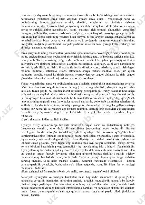 gadir. muvaqqat (vaqtincha) appersepsiya turi esa shaxsning faqat idrok qilish jarayonidagi emotsional holatiga, ya’ni uning kayfiyati, ruhlanishi, shijoati, stress, affektiv ko‘rinishdagi his-tuyg‘ularida, ularning sur’ati, davomiyligi, tezligida o‘z ifodasini topadi. psixologiya fanida idrok muayyan shakllarga ajratilib tadqiq qilinadi, vaqt, harakat, fazo yordami bilan atrof-muhitning, biosferaning, ijtimoiy turmushning mohiyati yuzasidan axborotlar ma’lumotlar, xususiyatlar aks ettiradi. borliqdagi narsa va hodisalarning yashash shakli, uzluksiz ravishda harakatda bo‘lishi, muayyan obyektiv vaqt birligida hukm surishi inson ongida bevosita in’ikos qilinadi. odatda inson tomonidan vaqtni idrok qilish, asosan ruhiy hodisalar, holatlar, vaziyatlar, xususiyatlarning o‘zaro o‘rin almashinuvi tufayli namoyon bo‘ladi va o‘ziga xos tuzilishi bilan mazkur jarayonning boshqa shakllaridan farq qilib turadi. vaqtni idrok qilish inson tomonidan aks ettirilayotgan vaqt birligining obektiv (haqqoniy, xolis) mazmuniga, shaxsning unga nisbatan munosabatiga bog‘liq bo‘lib, xuddi shu mezon orqali uning mahsuldorligi o‘lchanadi. masalan, shaxsning ehtiyoji, motivatsiyasi, qiziqishlari va intilishiga mos, mutanosib vaqt birligini idrok birligini idrok qilgan taqdirdagina vaqt obektiv jihatdan (kechinmalar, …