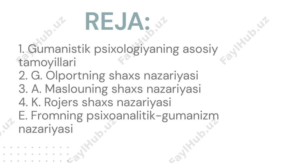i ifoda qilish, erkinlik va shaxsiy yetuklikka intilishadi. o'ziga nisbatan ijobiy qarash odamlar tabiatan ijobiy o'zining eng yaxshi shakliga erishishga intilishi ijobiy, yaxshi va konstruktiv qobiliyatlarga ega bunda shaxsning o‘z-o‘zini rivojlantirish va ijtimoiy hamkorlik qilish qobiliyatlari asosiy rol o‘ynaydi. o'z-o'zini anglash ongli qarorlar qabul qilish his-tuyg‘ulari, ehtiyojlari va maqsadlarini tushunish orqali hayot yo‘lini erkin tanlash imkoniyatiga ega bu tamoyil insonlarni ongli va mas'uliyatli mavjudot sifatida ko'radi subyektiv tajriba carl rogers bu tamoyilni o‘zining "fenomenologik dunyo" tushunchasida tasvirlagan bo‘lib, har bir insonning dunyoni qanday his qilishi uning ichki dunyosini aks ettiradi deb hisoblagan. erkin iroda va tanlov odamlar haqiqiy, samimiy va ijobiy munosabatlar orqali o‘zlarining eng yaxshi shakliga erishishlari mumkin deb hisoblanadi. shaxsiy o‘sish va rivojlanish munosabatlar va sevgi holistik qarash uning turli jihatlarini (emotsional, ijtimoiy, kognitiv) birgalikda tahlil qiladi. gordon allport shaxsni o‘rganishda individuallik va noyoblikni ta'kidlaydi. u shaxsni tushunish uchun insonning hayoti davomida qanday o'sib, rivojlanib borishini va qanday …