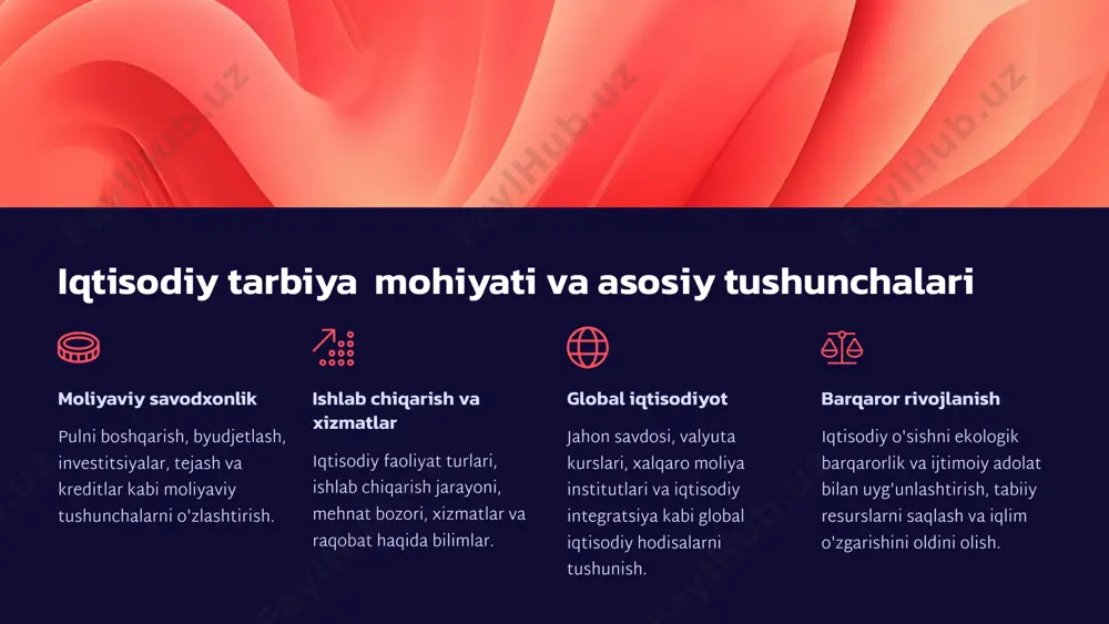 irok etishga jalb qilish, tajriba almashish, global muammolarni birgalikda hal qilish 13 mahalliy hamjamiyatlar: iqtisodiy va ekologik tashabbuslar mahalliy yechimlar qishloq joylardagi odamlar o'z muammolarini yaxshiroq biladi. o'z-o'zini boshqarish jamoalarni o'z iqtisodiy va ekologik rivojlanishiga jalb qilish. mahalliy tadbirkorlik qo'llab-quvvatlash, yangi ish o'rinlari yaratish, iqtisodiy o'sish. ekologik tashabbuslar qayta ishlash, toza suv manbalarini muhofaza qilish, energiya tejash. 14 xalqaro hamkorlik: yaxlit echimlar tomon xalqaro hamkorlik iqtisodiy va ekologik muammolarni hal qilishda muhim rol o'ynaydi. turli mamlakatlar o'rtasidagi hamkorlik global miqyosda yaxlit echimlar ishlab chiqish imkonini beradi. 1 xalqaro tashkilotlar bmt, yevropa ittifoqi 2 davlatlararo shartnomalar iqlim o'zgarishi, bioxavfsizlik 3 nohukumat tashkilotlari ekologik muammolarni hal qilish 4 tadqiqot va innovatsiyalar yashil texnologiyalar bmt kabi xalqaro tashkilotlar va davlatlararo shartnomalar global darajadagi muammolarni hal qilishda muhim rol o'ynaydi. nohukumat tashkilotlari ekologik muammolarni hal qilishda faol ishtirok etadi. tadqiqot va innovatsiyalar yashil texnologiyalarni rivojlantirishda muhim o'rin tutadi. 15 xulosa: kelajak uchun iqtisodiy va …