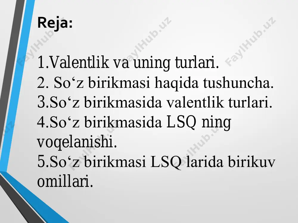 undan ortiq mustaqil so‘zlarning nopredikativ tobe bog‘lanishi asosida yuzaga keladigan sintaktik qurilma so‘z birikmasi deyiladi. masalan: sadoqatli do‘st, ota – onani e’zozlamoq, bolaning orzusi. nutqiy so‘z birikmalar belgilari: a) birdan ortiq mustaqil so‘z; b)a‘zolarning ma‘noviy va grammatik jihatdan mosligi; v)tobelik; d)tushuncha ifodalashi. lsqning asosiy turlari. lisoniy birikmalarning qoliplar asosida birikuvidan vujudga kelgan nutqiy hosilalarni 3 guruhga birlashtirish mumkin: yasama so‘zlar; so‘z birikmasi; gap. [oq.k -o e.q]=ot qaratuvchi-ot qaralmish (kitobning varag‘i) [oq.k - sfe.q]=ot qaratuvchi-sifat qaralmish(daraxtning mo‘rti) [sfq.k -oe.q]=sifat qaratuvchi- ot qaralmish (yaxshining qilig‘i) [sfq.k-sfe.q]=sifat qaratuvchi-sifat qaralmish(achchiqning chuchugi) [ot.q.k-se.q]=ot qaratuvchi-son qaralmish(gulning bittasi) [sq.k-se.q]=son qaratuvchi-son qaralmish(mingtaning bittasi). [oq.k-hne.q]= ot qaratuvchi+fe‘l qaralmish(otabekning qaytishi). [hn.q.k-oe.q]=fe‘l qaratuvchi+ot qaralmish(uyalishning o‘rni). [hn.q.k- hn.e.q]=fe‘l qaratuvchi+fe‘l qaratuvchi (olmoqning bermog‘i). [oq.k-sde.q]=ot qaratuvchi-sifatdosh qaralmish(yurakning to‘xtagani). [sdq.k-oe.q]=sifatdosh qaratuvchi+ot qaralmish (qo‘rqqanning ko‘zi). [olmq.k-oe.q]=olmosh qaratuvchi-ot qaralmish(mening vatanim). so‘z birikmasiga yondosh birliklar • qo‘shma so‘zlar: g‘arbiy yevropa, o‘rta osiyo • iboralar: bo‘yniga qo‘ymoq, ammamning buzog‘i • ko‘makchili birikmalar: mehnatiga yarasha • predikativ birliklar: hayot go‘zal. …
