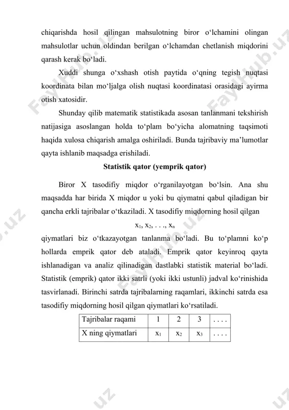 ‘ng intervalga kiritiladi. ushbu son ((k-1, (k) intervalga mos bo‘lgan nisbiy chastota bo‘ladi. bunda bu holda emprik qonun quyidagicha jadval ko‘rinishida bo‘ladi: intervallar (a0, a1) (a1, a2) . . . . (ak-1, ak) . . . . (an-1, an) mk m1 m2 . . . . mk . . . . mn . . . . . . . . ana shuning o‘zi guruhlashdir (gruppalarga ajratishdir). kesmalari (xi, pi*) nuqtalarni tutashtiradigan siniq chiziq chastotalar poligoni deyiladi. kesmalar ( ) nuqtalarni tutashtiradigan siniq chiziq nisbiy chastotalar poligoni deyiladi. yuqorida aytilgan gruppalarga ajratishni geometrik tasvirlash ham mumkin. bu quyidagicha bajariladi. ox o‘qida a0, a1, a2, . . ., ak . . ., an nuqtalarni belgilaymiz. [ak-1, ak] kesmani asos qilib yuzi ga teng bo‘lgan to‘g‘ri to‘rtburchak yasaymiz. hosil qilingan shakl gistogramma deb ataladi. statistik materialning bundan keyingi qayta ishlanishi quyidagicha amalga oshiriladi. (ak-1, ak) intervallar o‘rtalarini bilan belgilanadi hamda bu qiymatni o‘lchash …