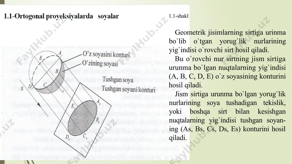 iga tushayotgan ss, ds nuqtalar soyalari ko`rsatilgan. 1.5(c)-shaklda bir vaqtning o`zida /bc/ kesmasidan "h" va "v" tekisliklarga tushayotgan soyani qurish ko`rsatilgan. bu erda ko`rinib turibdiki, agarda to`g`ri chiziq kesmasidan bir o`zida ikki yoki undan ortiq tekisliklarga soya tushsa, tekisliklarni kesishuv joyida soya sinib o`tadi. soyaning sinish nuqtasini (mx) topish uchun b nuqtaning mavhum so­yasini topib (bs) olish kerak. mx nu-qtadan teckari nur o`tkazibto`ri chiziq kesmasini qanday qismidan h tekislikka va qanday qismidan н"v" tekislikka soya tushayot-ganligini aniqlash mumkin. 1.4-tekis shakllardan tushgan soyani yasash tekis shakllarning soyasi shaklning tuzilishiga, fa'zodagi holatiga va soya tushayotgan yuzaning shakliga bog`liqdir. agarda tekis shakl to`g`ri chiziq kesmalari bilan chegaralangan bo`lsa, bunday shakldan tushgan soyani yasash to`g`ri chiziq kesmalaridan tushgan soyalarni yasashga keltiriladi.uchburchak holida berilgan tekislikdan tushgan soyani yasash gorizontal kvadratdan frontal proeksiya tekisligiga tushgan soyani yasash 1.7-shaklda kvadratning soyasini yasash keltirilgan gorizontal aylanadan frontal proyeksiya tekisligiga tushgan soyani yasash (1.8-shakl). shakldan ko`rinib turibdiki aylananing soyasi …