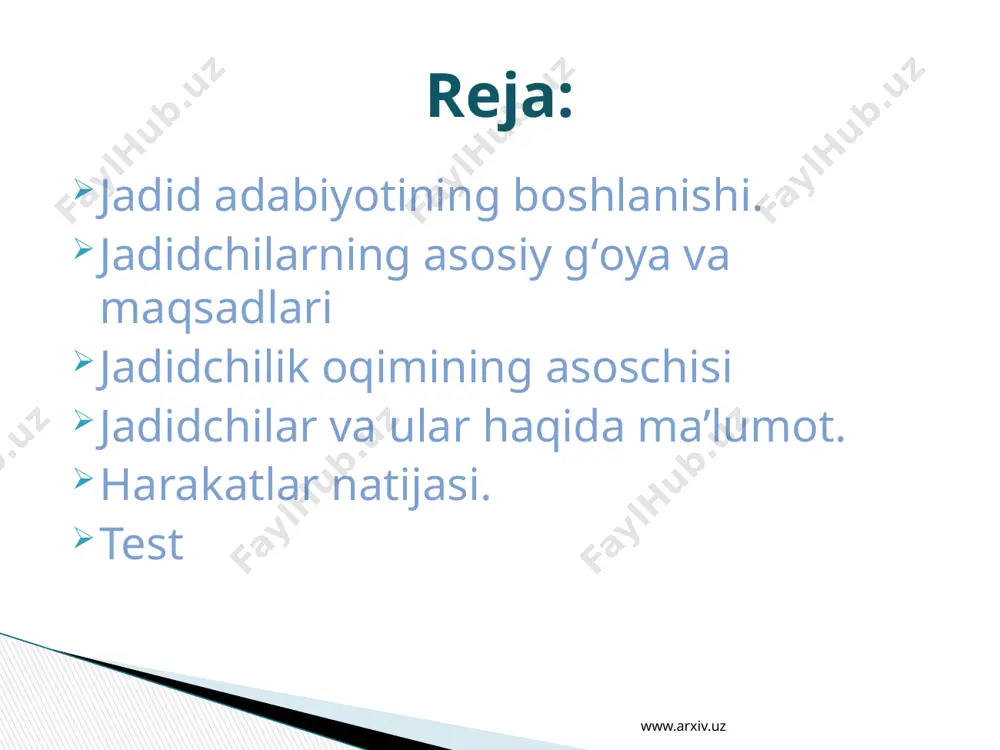 tashkil qilingan taqdirdagina bu ishlarni amalga oshirish mumkin edi. www.arxiv.uz j.ning asosiy gʻoya va maqsadlari quyidagilar edi: turkistonni oʻrta asrlarga xos qoloqlik va diniy xurofotdan ozod etish, shariatni isloh qilish, xalqqa maʼrifat tarqatish, turkistonda muxtoriyat hukumatini barpo etish uchun kurash, buxoro va xivada konstitutsiyey monarxiya va parlament, keyinchalik demokratik respublika tuzumini oʻrnatish orqali ozod va farovon jamiyat qurish, barqaror milliy valyutani joriy qilish va milliy qoʻshin tuzish. toshkent, fargʻona, buxoro, samarkand va xivada hur fikrli va taraqqiyparvar kishilarning ayrim guruhlari tomonidan ochilgan madaniy-maʼrifiy yoʻnalishdagi jamiyat va uyushmalardan j. harakati shakllandi. www.arxiv.uz gasprinskiy ismoilbek gasprinskiy (gaspralik) ismoilbek (1851.21.3, boqchasaroy yaqinidagi ajikoʻy qishlogʻi —1914.11.9, boqchasaroy) — jadidchilik harakatining asoschisi, yozuvchi va publitsist. g.ning otasi mustafo gasprinskiy rossiya harbiy dvoryani (praporshchik) boʻlib, yalta sh. yaqinidagi gaspra qishlogʻidan edi. g. qishloq musulmon maktabi, oqmachit (hoz. simferopol) gimnaziyasi va voronejda, moskva kadetlik korpusida oʻqidi (1864—67). qrimga qaytgach, rus tili oʻqituvchisi boʻlib ishladi (1867—70). istanbul va …