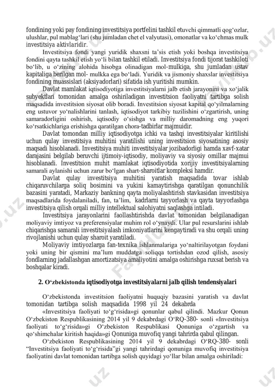 rning qarz moliyaviy mablag‘lariga obligatsiya zayomlari, bank va budjet kreditlari kiradi. jalb qilingan mablag‘larga aksiyalar.paylar va fuqarolar va yuridik shaxslarning boshqa ulushlarini sotishdan tushgan mablag‘lar kiradi. investitsiyalash jarayonlarida investitsiya muassasalari muhim rol o‘ynaydilar. investitsiya muassasalari bu ularning asosiy faoliyat turi qimmatli qog‘ozlar bilan operatsiyalar qilishdan iborat bo‘lganxo‘jalik yurituvchi sub’ektlardir. investitsiya muassasalari – bu qimmatli qog‘ozlar bozorining eng faol professional ishtirokchilaridir. investitsiya muassasalari ichida investitsion banklar va vositachilari, maslahatchilari faoliyati ham ahamiyatlidir. investitsiya banklari milliy iqtisodiyotning turli tarmoqlarini moliyalash va uzoq muddatli qarz berishga ixtisoslashgan banklardir. investitsiya vositachisi esa qimmatli qog‘ozlar bozorida brokerlik va dilerlik faoliyatini amalga oshiruvchi investitsiya muassasasidir. investitsiya maslahatchisi – bu maslahat faoliyati bilan shug‘ullanuvchi investitsiya muassasasidir. maslahat faoliyati qimmatli qog‘ozlar bozori va uning ishtirokchilari ahvolini tahlil, taxmin qilish, moliyaviy vositalarni ekspertizadan o‘tkazish, ishlab chiqarish va tavsiyalar berish bo‘yicha xizmatlar ko‘rsatishni, qimmatli qog‘ozlar chiqarish, joylashtirish hamda ularning muomilada bo‘lishi, mutaxassislarni qayta tayyorlash, shuningdek, yuridik va jismoniy shaxslar tomonidan …