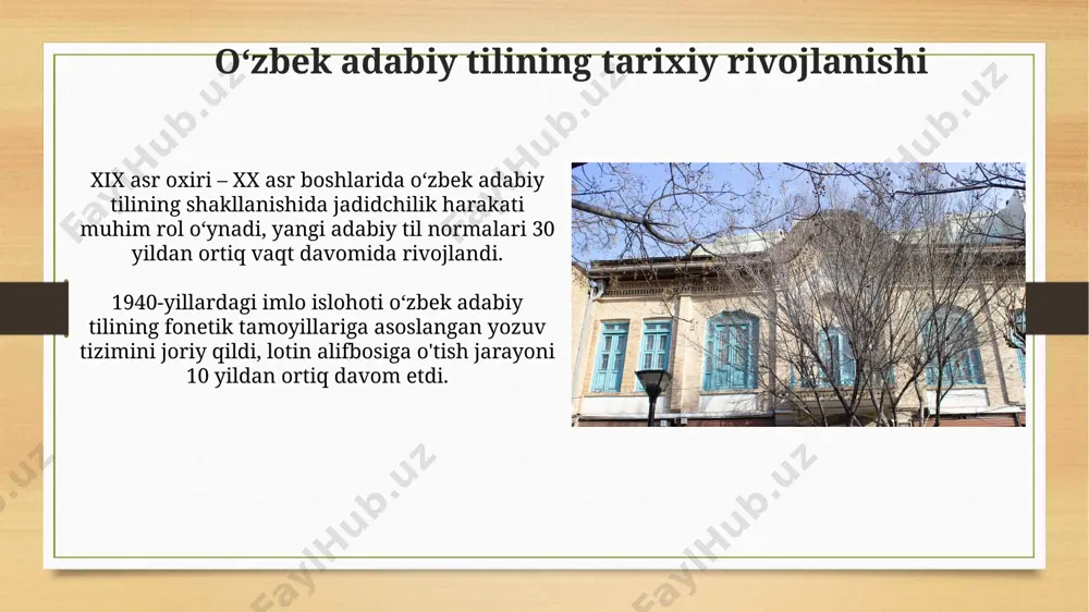 ha 15 soʻzdan iborat) va ijtimoiy-siyosiy leksikaning faol qoʻllanilishini talab qiladi. ilmiy adabiyotda adabiy tilning aniqligi, terminologiyaga boyligi (masalan, 50 dan ortiq iqtisodiy termin) va mantiqiy izchilligi muhim ahamiyat kasb etadi. oʻzbek adabiy tilining istiqboli oʻzbek adabiy tilining boy va serqirra leksikasini saqlash va rivojlantirish, xalqaro terminologiyalarni oʻzlashtirish va lugʻatlarni modernizatsiya qilish istiqbolning muhim jihatlaridan biridir. oʻzbek adabiy tilining istiqboli jahonlashuv jarayonida 21-asr texnologiyalariga moslashishi, jumladan, sunʼiy intellekt va mashinani oʻrgatish tizimlariga integratsiyasi muhim ahamiyat kasb etadi. e'tiboringiz uchun rahmat @taqdimot_robot image7.jpg image8.jpg image9.jpg image10.jpg image11.jpg image12.jpg image13.jpg image14.jpg image15.jpg image16.jpg image17.jpg image18.jpg image3.png image4.png