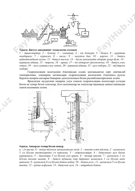 қоришмасидан тайёрланадиган қайноқ битумли мум билан қопланганидан сўнг суртилади. йирик нидротехника қурилишларида гидроизоляция ишларини таъминлаш учун битум хўжалиги ташкил этади. бу хўжалик марказий асфальт-битум заводи хамда кўчма қурилмалардан ташкил топади. завод (13.3-расм)нинг технологик асбоб-ускуналари таркибига қуйидагилар киради: валда айланувчи чўмичли битум =айнатиш қозонларининг жуфт сони; иситгичлар – электроспираллар ёки ўтхоналар; қумни ва бошқаминерал тўлдиргичларни қуритиш учун печлар; асфальт-бетонни тайёрлаш учун қоргичлар ва қайта юклаш ишлари учун хар хил механизация воситалари. 3-расм. битум заводининг технологик схемаси 1 – транспортер; 2 – бункер; 3 – элеватор; 4 – юк бункери; 5 – ёпқич; 6 - қуритиш чамбараги; 7 – пуркагич; 8 – насос; 9 – мазутли бак; 10 - қоргич; 11 - битум қайнатиладиган қозон; 12 - битум насоси; 13 – буғли қопламадан иборат қувур йўли; 14 - қоришма идиши; 15 – тарози; 16 – арава; 17 – юк кўтаргич (ростловчи); 18 – битум учун лоток; 19 – мум узатиш учун лоток; …
