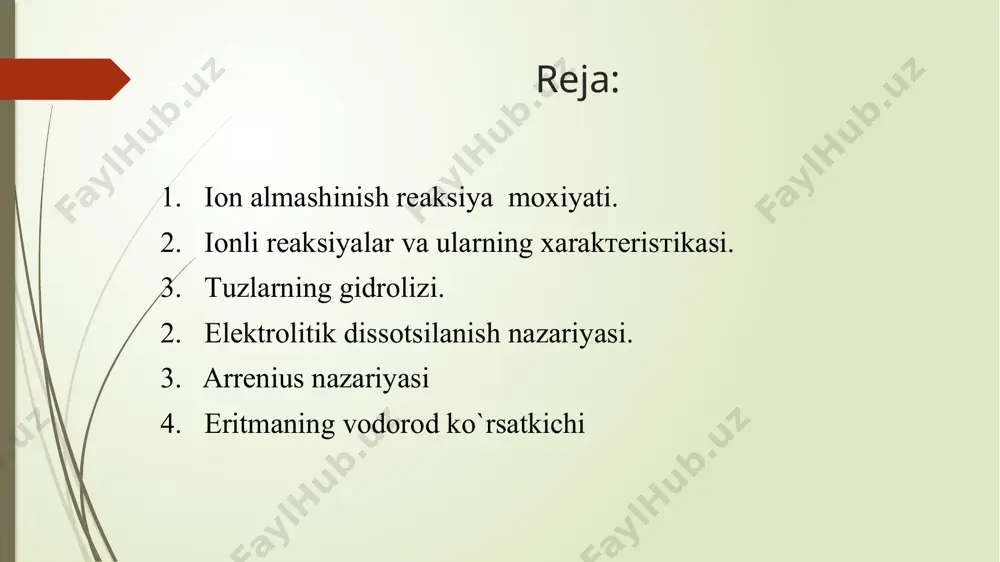 ion almashinish reaksiyalari borish-bormasligi, qanday moddalar hosil bo’lishi, qaysi moddalar eruvchan , qaysilari erimaydigan degan savollarga javob olish uchun “moddalarning eruvchanlik jadvali” (ilova)dan foydalanish kerak. keng tarqalgan ion almashinish reaksiyalari qatoriga tuzlarning gidrolizlanishi ham kiradi. ionli reaksiyalar va ularning хarakтerisтikasi. elektrolitlar orasida sodir bo’ladigan barcha almashinish reaksiyalari elektrolitlar ionlari orasida boradi. shunga ko’ra bunday reaksiyalar ionli reaksiyalar deb ataladi. ionli reaksiyalar amalda ionli tenglamalar bilan ifodalanadi. ionli tenglamalarda cho’kmaga tushgan yoki gaz xolda ajralgan , yoxud kam dissotsialanadigan moddalar ionlarga ajralmasdan molekulyar shaklda yoziladi. kimyoviy reaksiyalarning ionli tenglamalarini tuzish uchun avval reaksiyaning molekulyar tenglamasini, so’ngra to’la ionli tenglamasini nixoyat reaksiyani qisqartirilgan ionli tenglamasini yoziladi. masalan: cacl2 + na2co3 = ¯caco3 + 2nacl molekulyar tenglama ca2+ + 2cl- +2na+ + co2-3 = caco3 + 2na+ + 2cl- ionli tenglama ca2+ + co = caco3 qisqartirilgan ionli tenglama ionli tenglamalarni tuzishda tuz, asos va kislotalarning suvda eruvchanligiga hamda tuzlarning eruvchanlik ko’paytmasiga rioya …